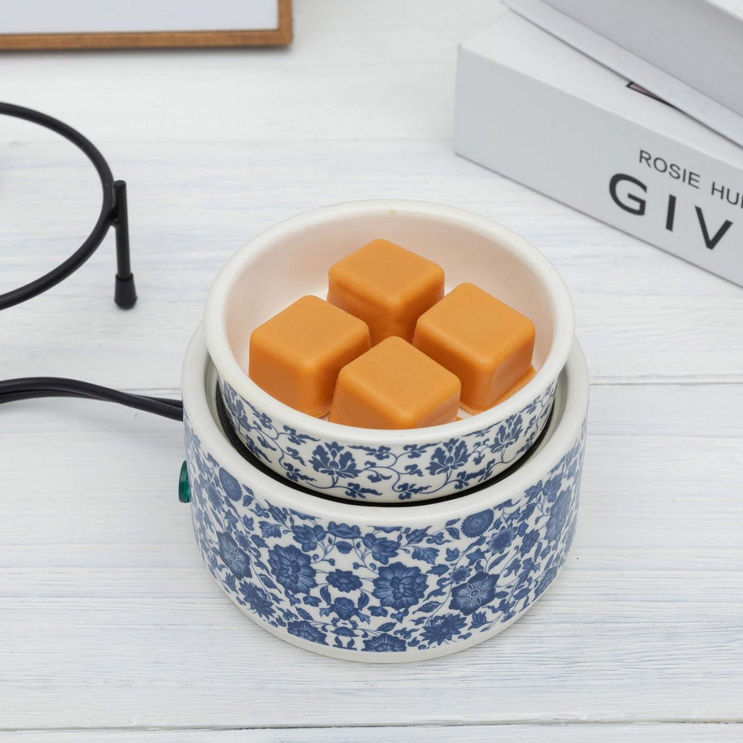 NAFANG Blue & White Porcelain Pattern Wax Melt Warmer,Ceramic 3-in-1 Electric Candle Wax Warmer for Scented Wax Melter Oil Burner for Home Office Bedroom Gift & Decor (with KD Iron Shelf)