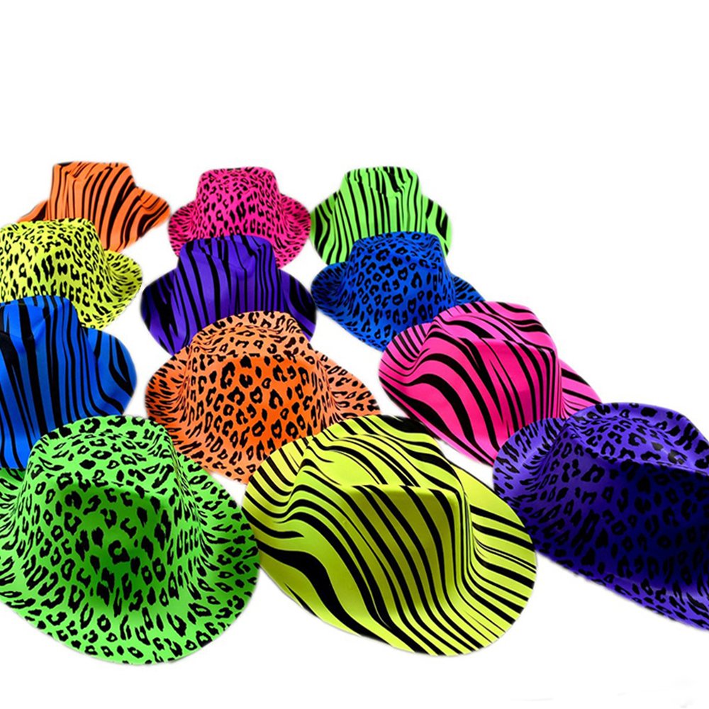 Novelty Place Neon Animal Print Plastic Party Hats, Fedora with Gangster Mafia Style, UV Blacklight Glow Party Stars Rave Hats for Kids and Teens in Birthday, Concerts, Music Party(Pack of 24)