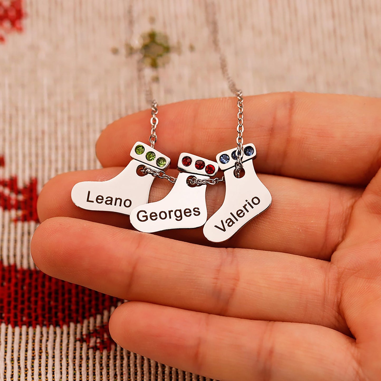 Aro Torliy Personalized Christmas Stocking Necklace with Customizable Birthstone (Silver)