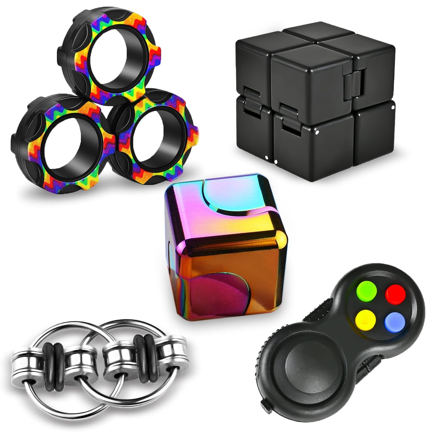 Dr.Kbder 5 Pcs Fidget Toys Adults Set, EDC Cool Desk Gadgets Office Spinner Toys for Teen Kid with Metal Fidgets Infinity Cube Figits Ring Bike Chain ADHD Stress Anxiety Relief Gift for Boys Girls