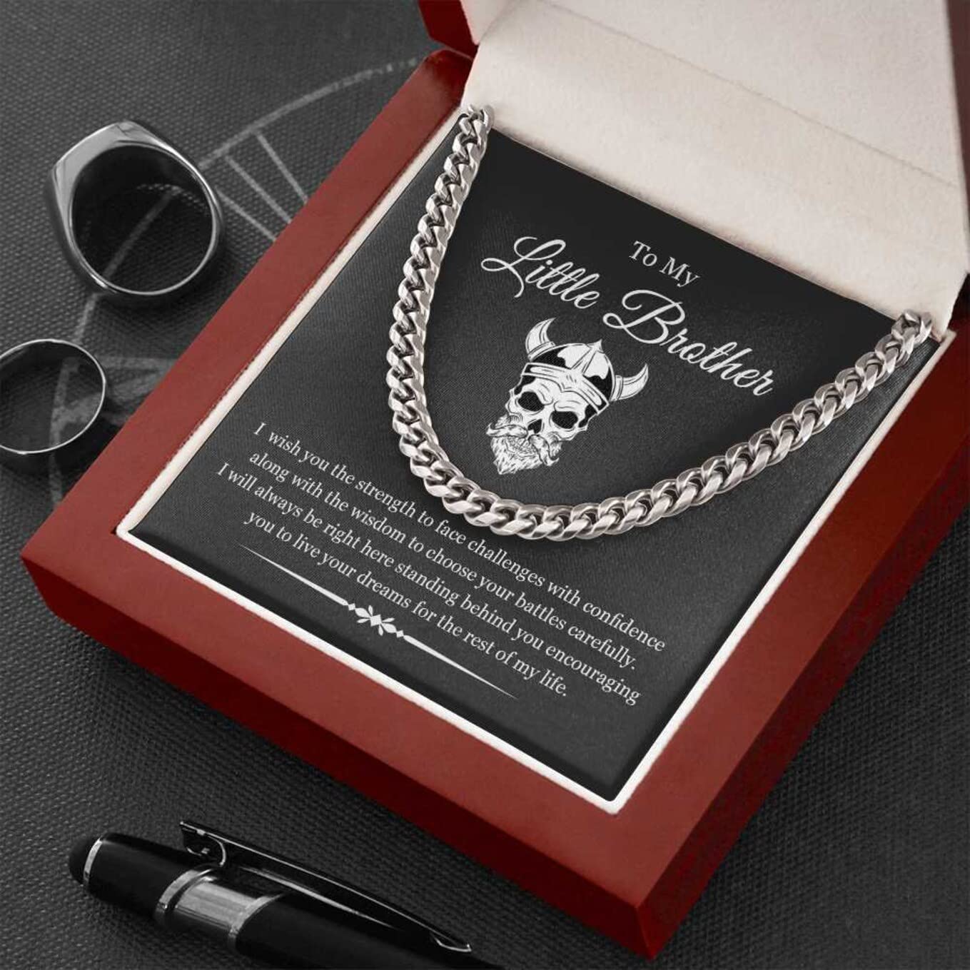 VIRAGIL Gifts To My Little Brother I Will Always Be Right Here Link Chain Necklace Gift From Sister Gift From Big Brother Christmas, Birthday Gift Stainless Steel Cuban/Luxury Led Box