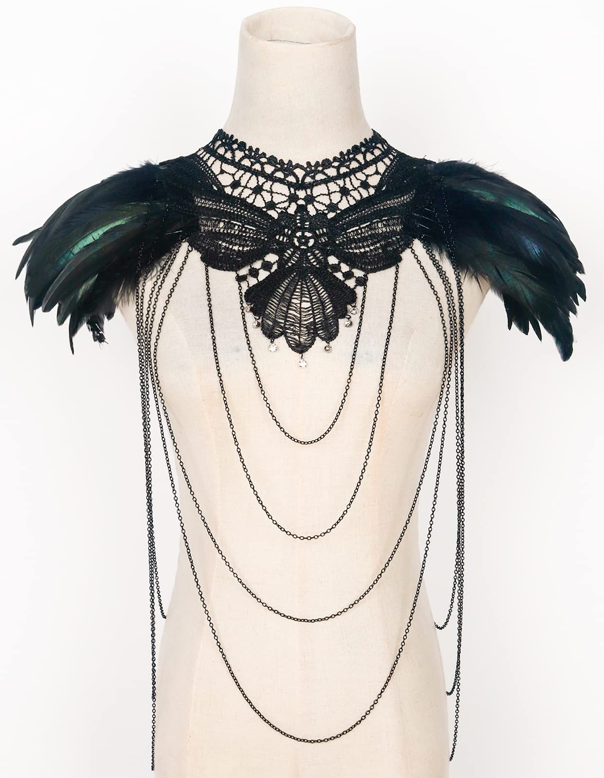 L'VOW Real Black Feather Harness Lace Collar Necklace Bib Halloween (Z-Black001)