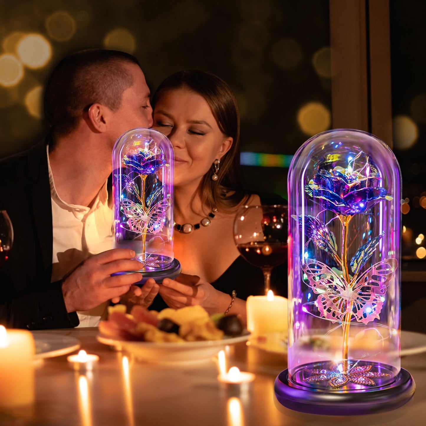 Gifts for Women Mom Birthday Gift, Galaxy Glass Rose Flower Gifts Forever Eternal Crystal Light Up Rose in Glass Dome with Butterfly Mothers Day for Her Mom Wife Daughter Sister Purple