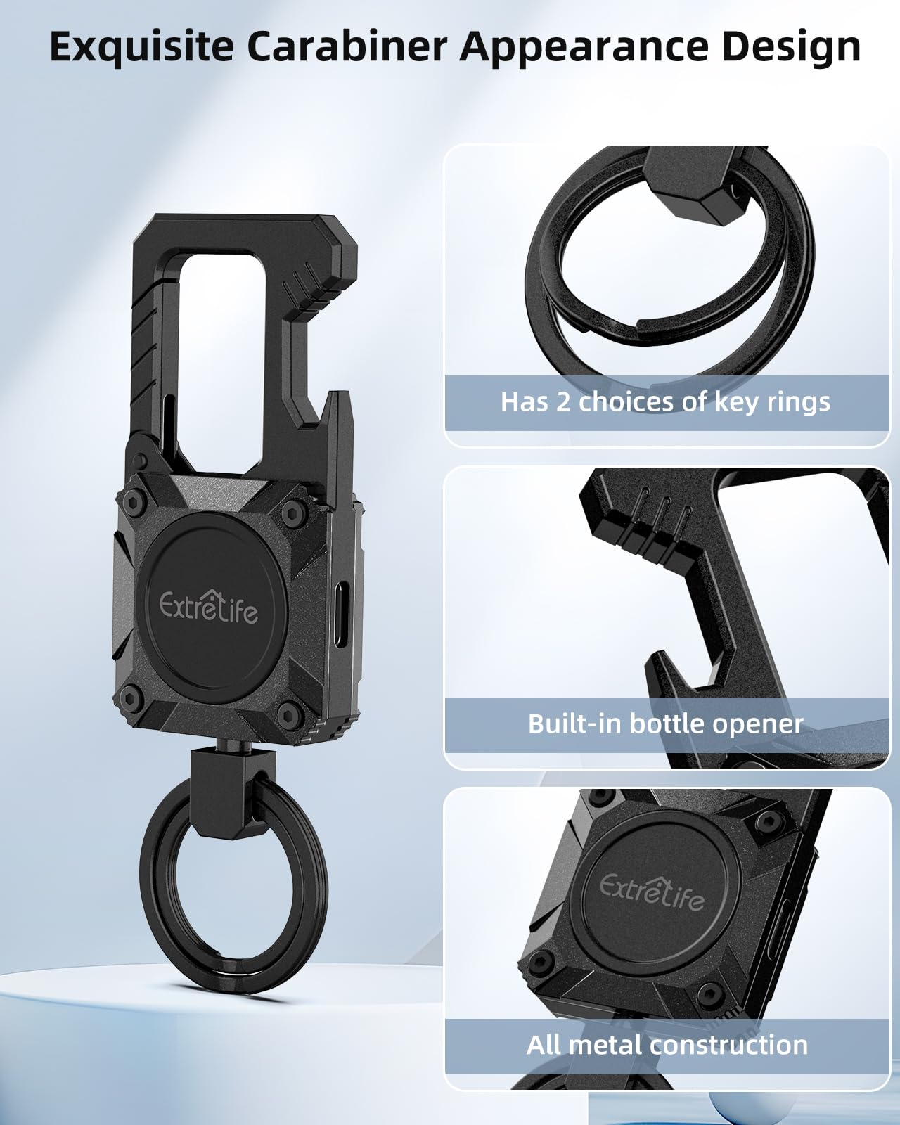 Keychain, Works with Apple Find My, Heavy Duty Keychain Bottle Opener, Carabiner Car Key Chains with Gps Tracker, Key Finder, Bluetooth Tracker for Luggage, Kids, Bags and More, Rechargeable, Black