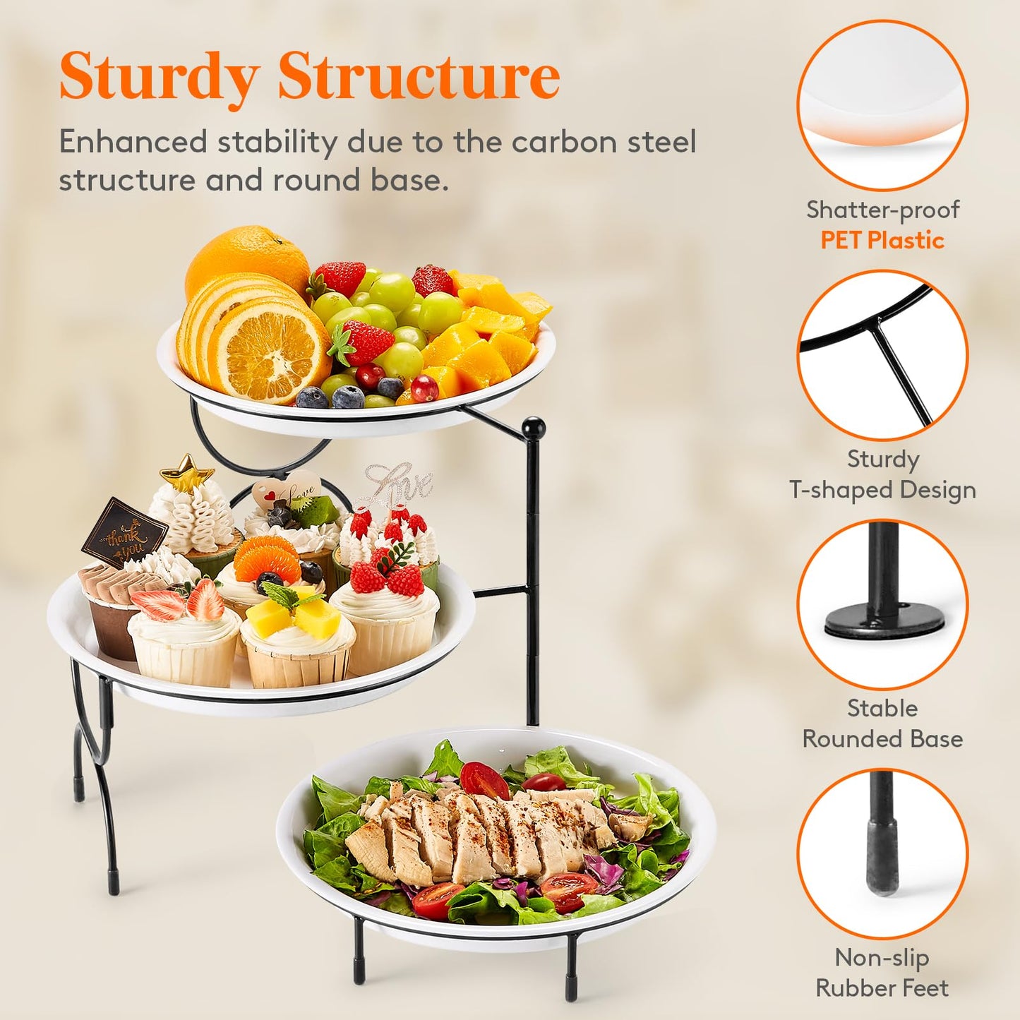 Lifewit Plastic 3 Tier Serving Tray Platter for Party Entertaining, 10" × 10" Large Dessert Table Display Set, White Reusable Round Dishes with Black Metal Display Stand for Veggie, Fruit, Cookies