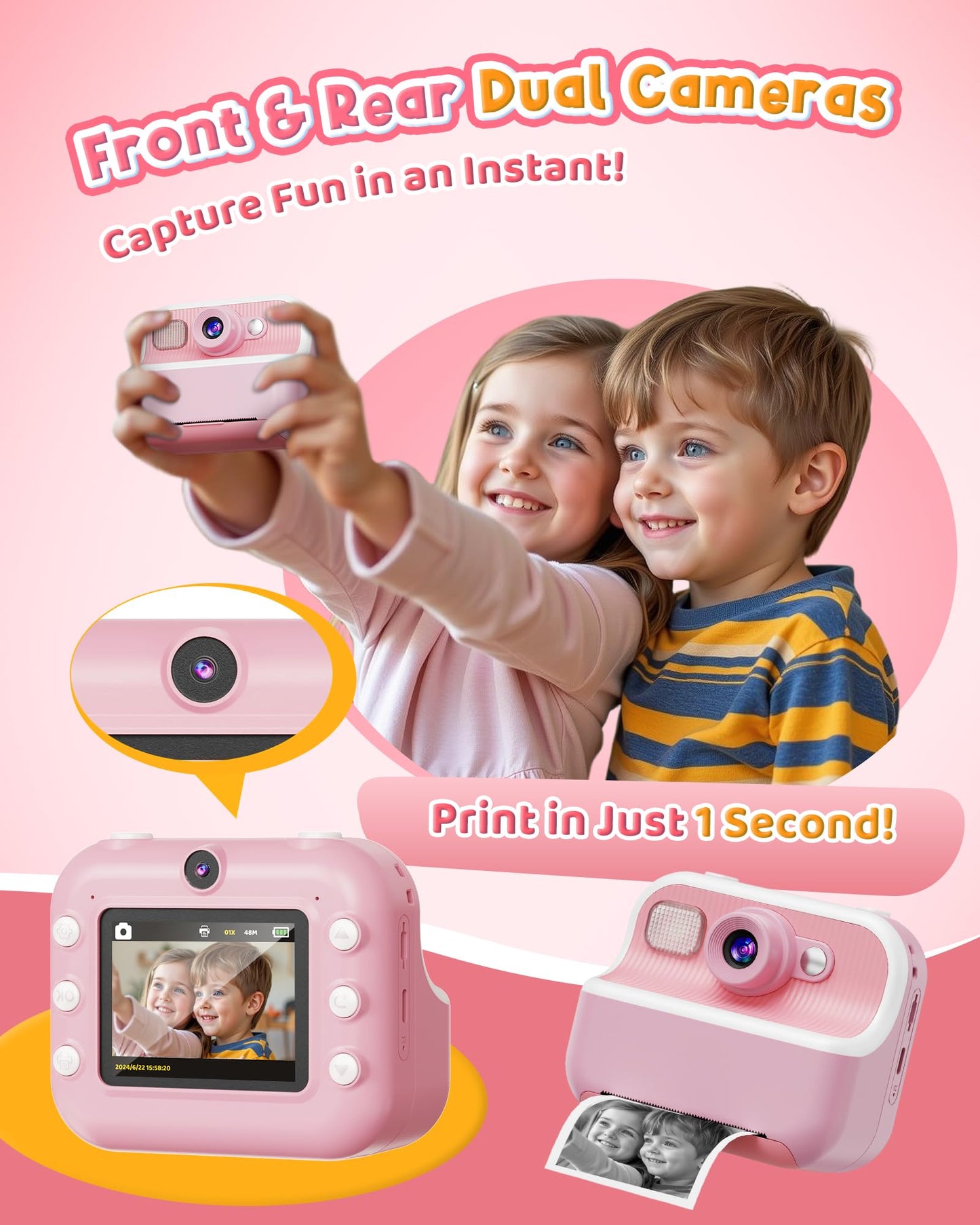 Instant Camera, Front Rear Dual Selfie Kids Camera with 1080P Videos, Holiday Birthday Gifts for Kids Age 3-12, Toddler Portable Travel Print Digital Camera Toy for 4 5 6 7 8 9 Year Boys Girls