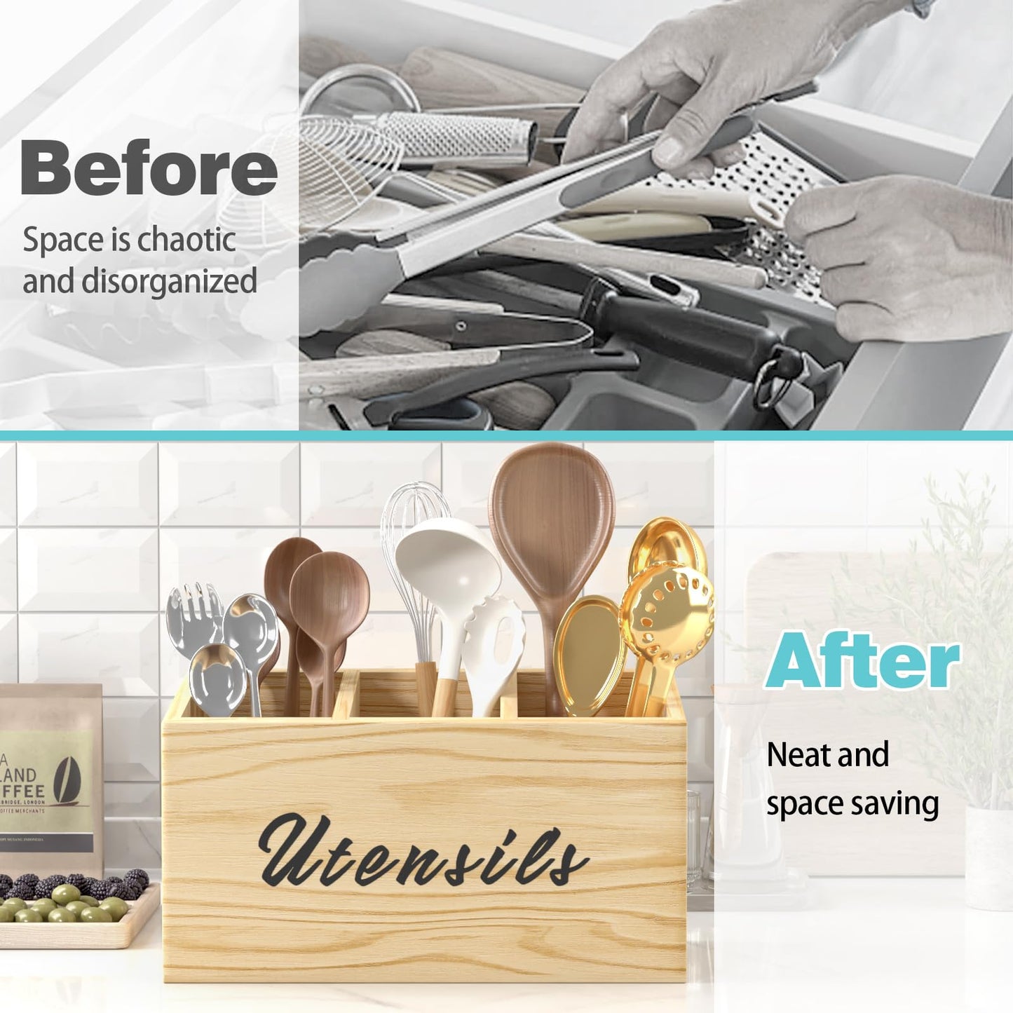 REFGY Wooden Kitchen Utensil Holder, Flatware Utensil Caddy with 3 Compartments, Utensil Caddy for Parties, Storage Organizer Box for Kitchen Counter & Silverware, Natural