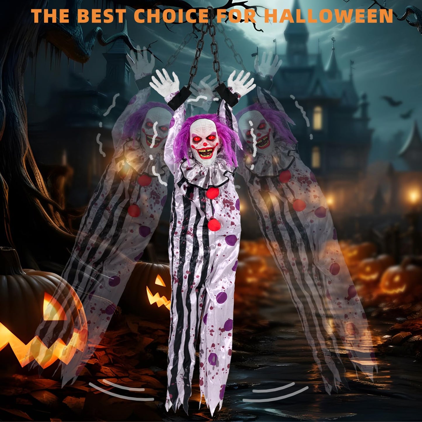 Kendane Halloween Decorations Outdoor and Indoor,Scary Halloween Animatronics Clown,Hanging Clown with Light-Up Eyes and Creepy Sound,Party Decorations for Yard Lawn,Haunted House Decor