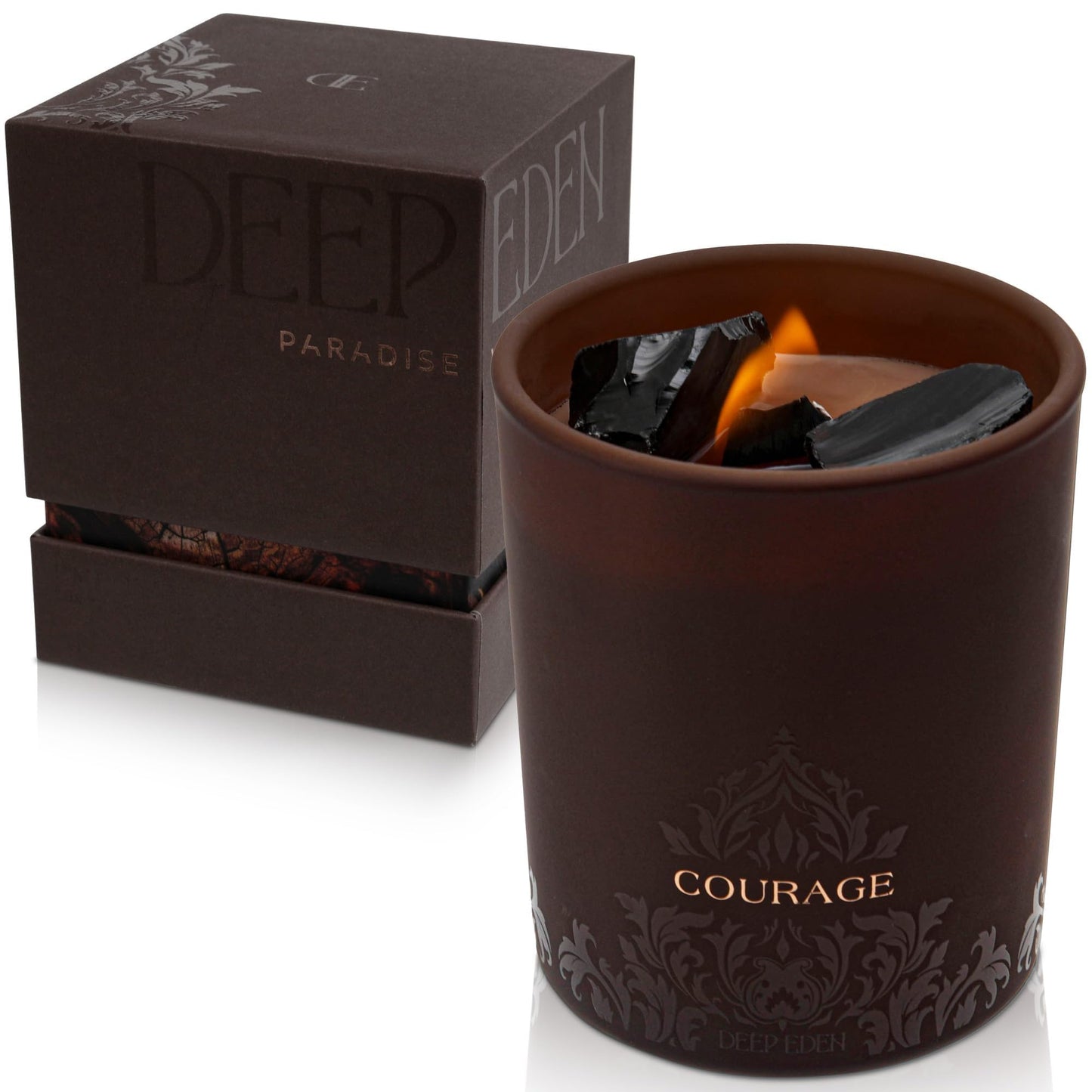 Deep Eden Empowerment Crystal Candle, 7.4 Oz, Brown - Forest Mahogany Scented Candle - Candles for Men with Wooden Wick, Black Tourmaline, Essential Oils & Premium Botanical Soy, Coconut and Beeswax