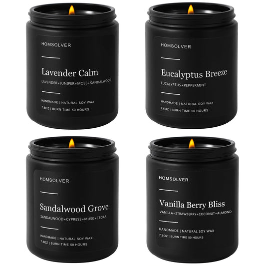 Homsolver Set of 4 Scented Candles for Home Decor, Candle Gifts for Dad Men Him, 200Hours Burn Tine, Vanilla, Lavender, Sandalwood, Eucalyptus Scented with Black Jar