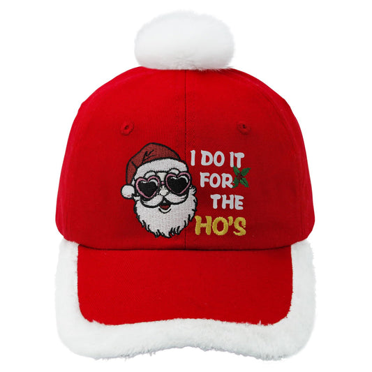 LOTBTRII Santa Hat Embroidered I Do It for The Ho's Funny Inappropriate Christmas Men Women Santa Baseball Cap with Fuzzy Fur Pom