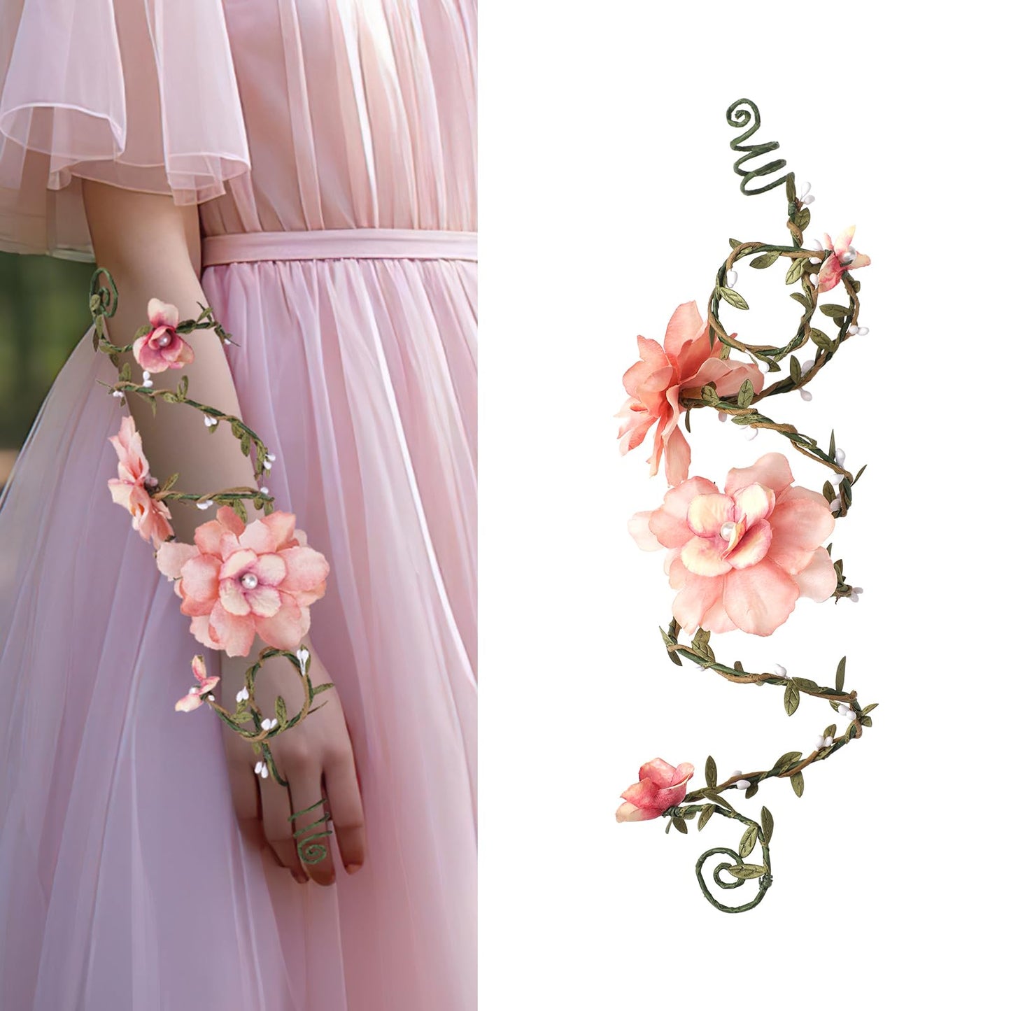 FRESHME Renaissance Fairy Flower Arm Wrap - 1 PC Elf Arm Cuff Bracelet with Pink Flowers Woodland Forest Mother Nature Costume Poison Ivy Costume Fantasy Renfaire Cosplay Prom Dress Up Accessories for Women