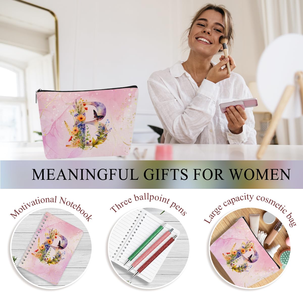 XLRSDF Personalized Gifts Monogrammed Birthday Gifts for Women, Cowerker Mom Boss Day Christmas Initial 20 oz Tumbler, Makeup Bag Cup Ballpoint Pens Journal Notebook 6 Set, (Aesthetic Pink Flower B)