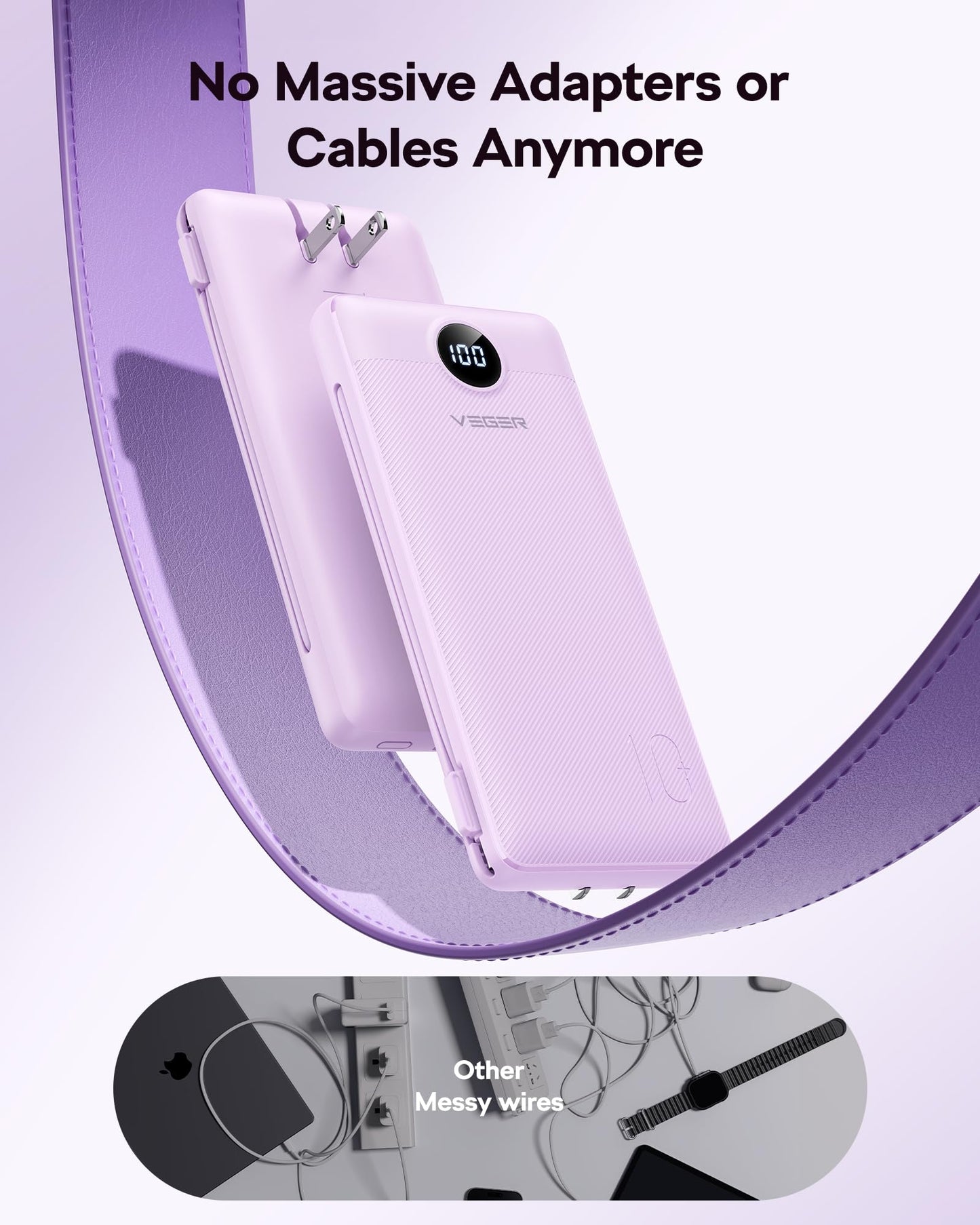 VEGER AC Wall Plug Portable Charger, 10000mah Slim Portable Charger Built in Cables, USB C Power Bank 15W Fast Charging, Travel Essential Battery Pack Compatible with iPhone, Android and More(White)