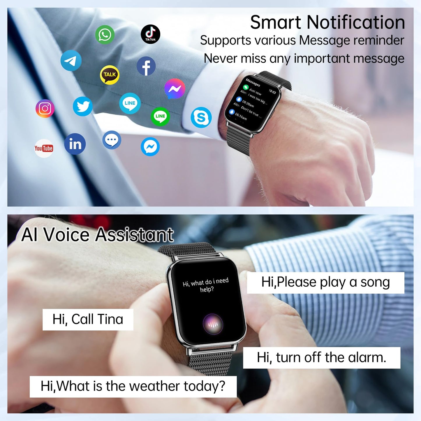 Smart Watch for Women Men(Answer/Dial Calls) 1.85" HD AI Voice Smartwatch with Fitness Tracker/Step Counter/Heart Rate Sleep Monitor, 120+ Sports Modes, IP68 Waterproof for Android/iOS Black 2 Bands