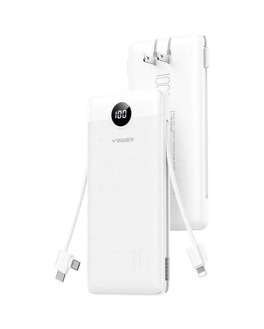 VEGER AC Wall Plug Portable Charger, 10000mah Slim Portable Charger Built in Cables, USB C Power Bank 15W Fast Charging, Travel Essential Battery Pack Compatible with iPhone, Android and More(White)