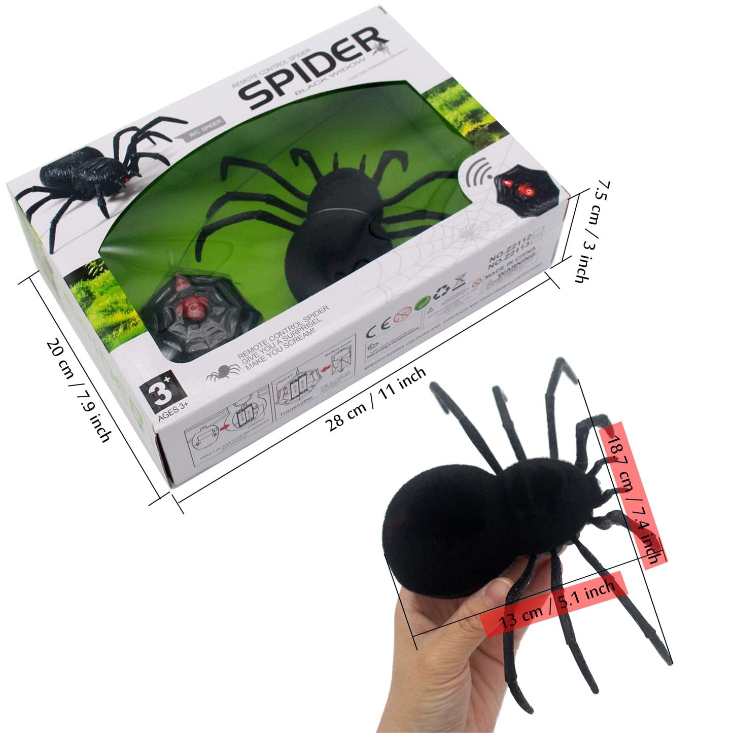 Tipmant RC Spider Remote Control Tarantula Realistic Animal Crawlers Scary Kids Halloween Christmas Prank Gag Toys Birthday Gifts (Black Hair)