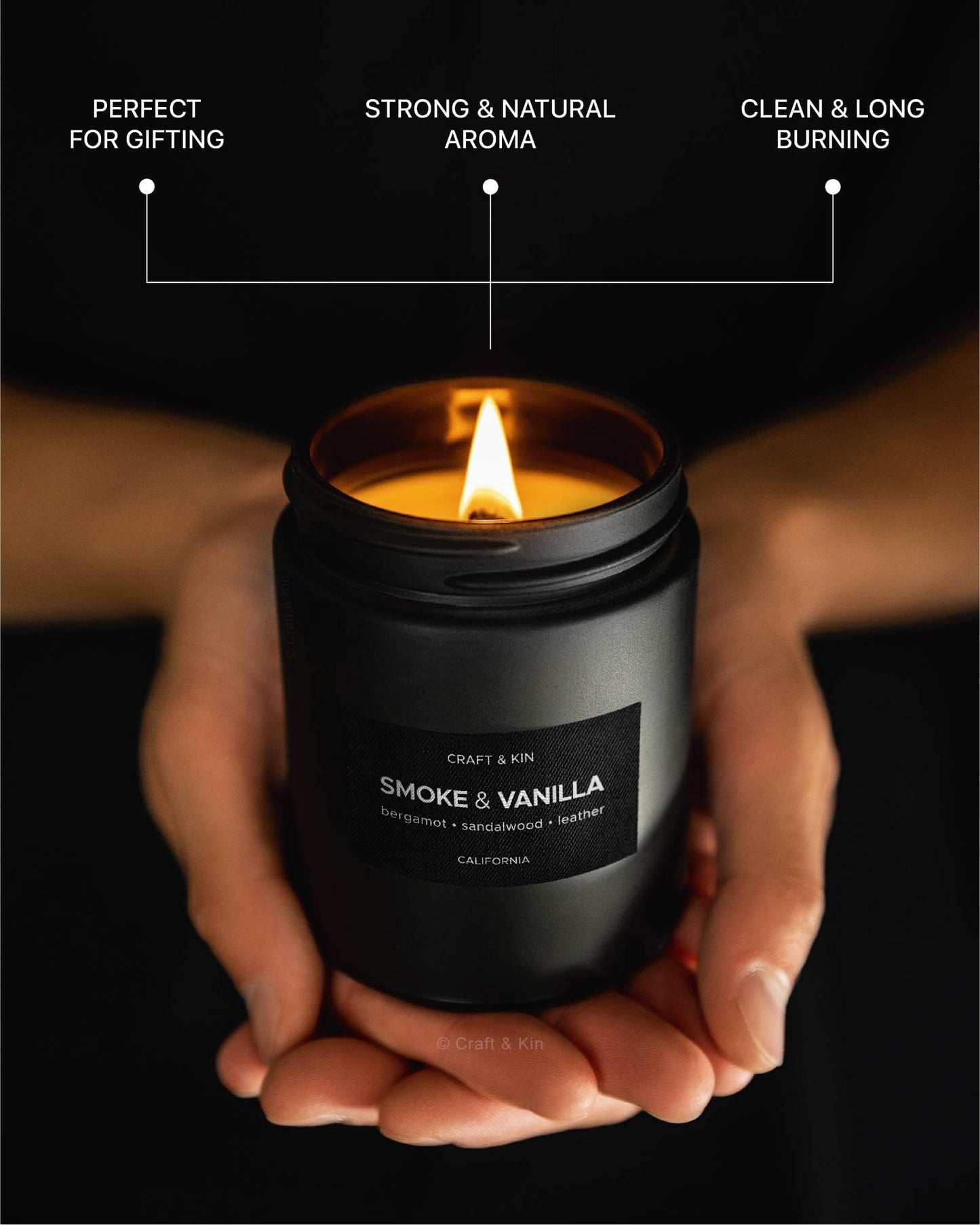 Craft & Kin Premium Smoke & Vanilla Candle | Black Scented Candles for Men | Long Lasting with 45 Hour Burn Time, 7.6oz | Made with Soy | Aromatherapy at Home | Gifts for Men