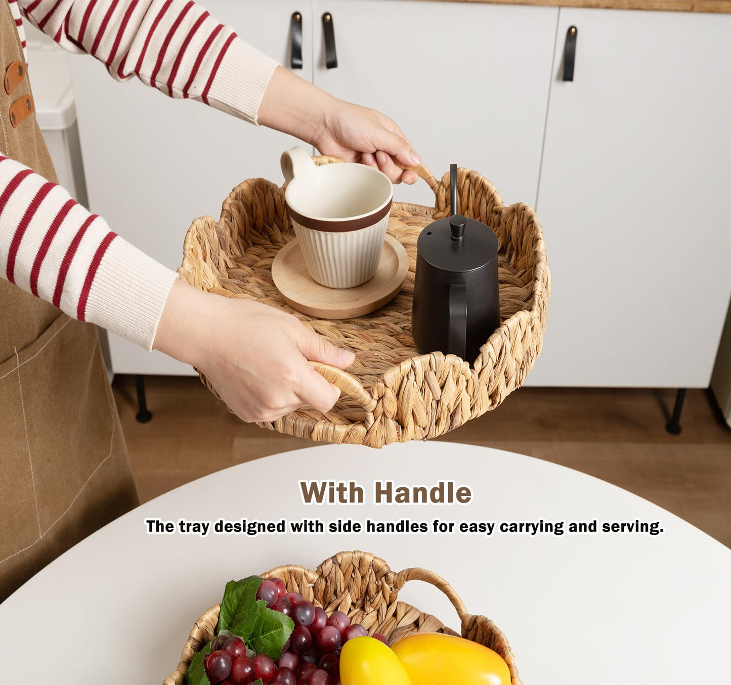 ATEDIR Round Serving Tray, 2-Pack Wicker Basket Tray with Handles, Rattan Woven Decorative Serving Tray, Natural Water Hyacinth Scalloped Tray for Home Decor and Desk Organizer Tray