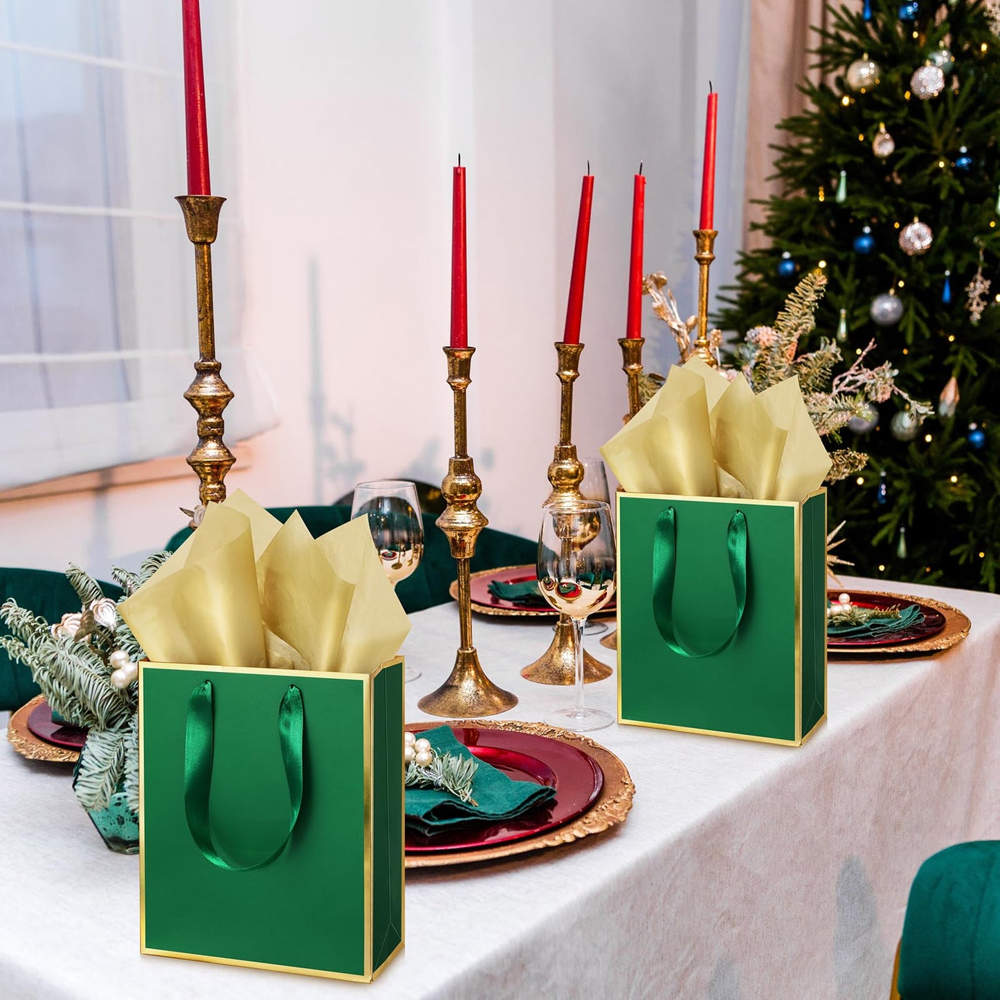 Yeaqee 24 Pack Metallic Paper Gift Bags with Handle and Tissue 9x7x3.1 Gold Foil Welcome Favor Bags Return Gifts for Wedding Fall 5 Senses Christmas Bridesmaid Birthday(Green Gold)