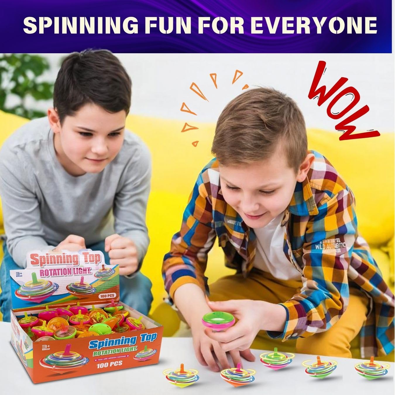 100 Pieces LED Light Up Flashing Mini Spinning Tops with Gyroscope - Kids Novelty Bulk Spin Toys Party Favors Bundle Pack Multicolored
