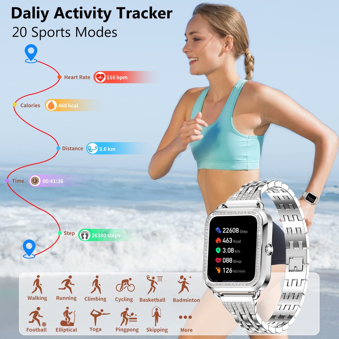 Efolen Smart Watches for Women with Diamonds (Answer/Make Call), 1.57'' Bluetooth Smartwatch for Android iOS Phones, Waterproof Fitness Tracker with Heart Rate/SpO2/Sleep/BP/AI Voice (Silver)