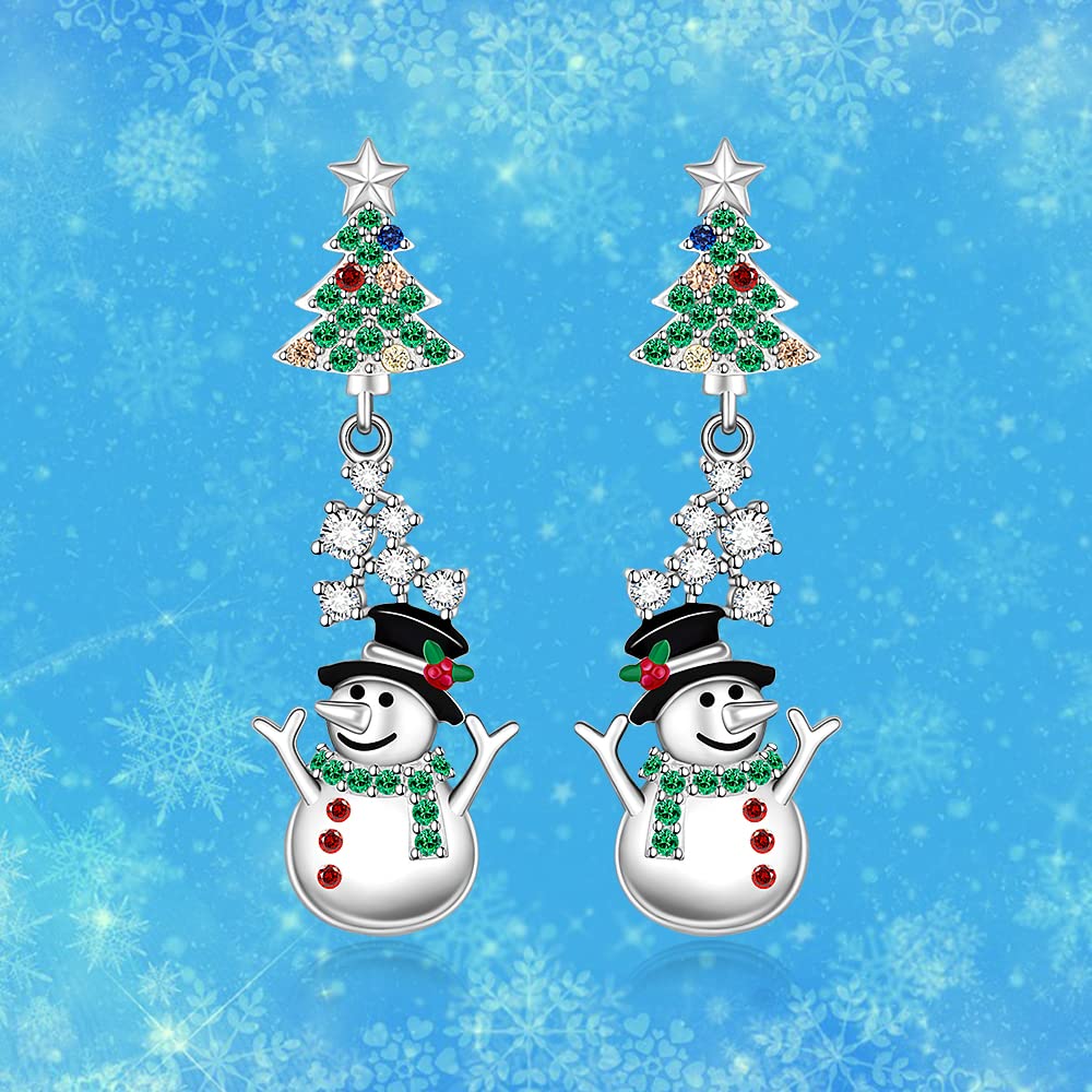 Christmas Tree Snowman Earrings for Women Sterling Silver Tree with Star Holiday Dangle Drop Earrings Colorful CZ Xmas Gifts