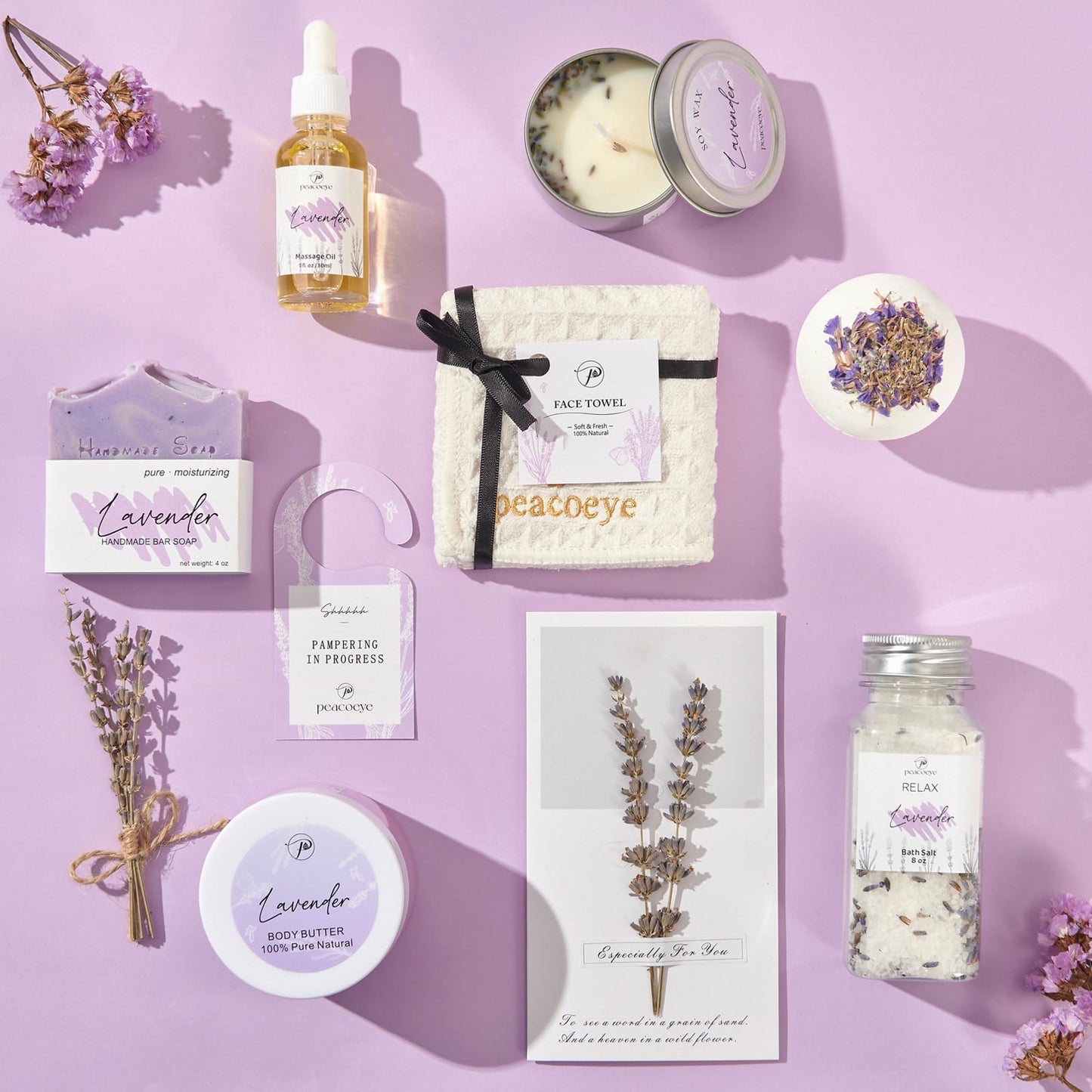Peacoeye Gifts for Women Spa Gifts Lavender Bath Gift Baskets Relaxing Self Care Gift for Mom Her Sister Wife Auntie Home Bath Kit Care Package Birthday Friendship Gift Ideas