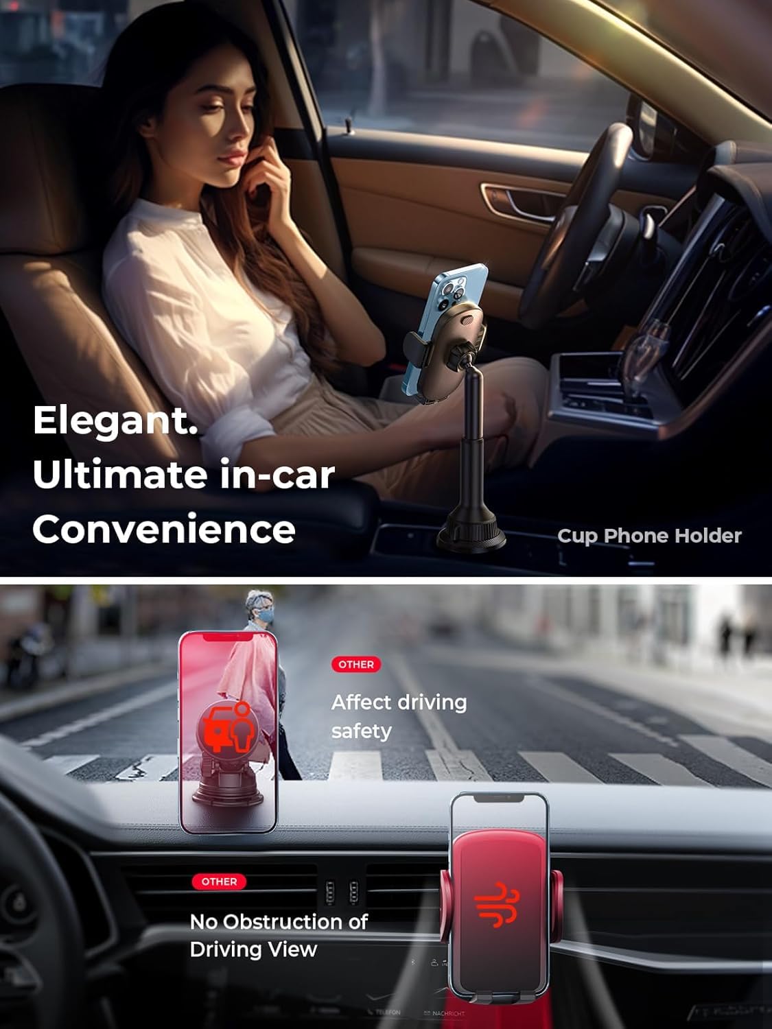 LISEN Cup Phone Holder No Shaking Phone Holder for Car, 360° Adjustable iPhone Holder for Car Accessories for Women Truck Jeep Golf for iPhone 16e 16 15 14 13 Pro Max Samsung S25 All 4-17'' Phone