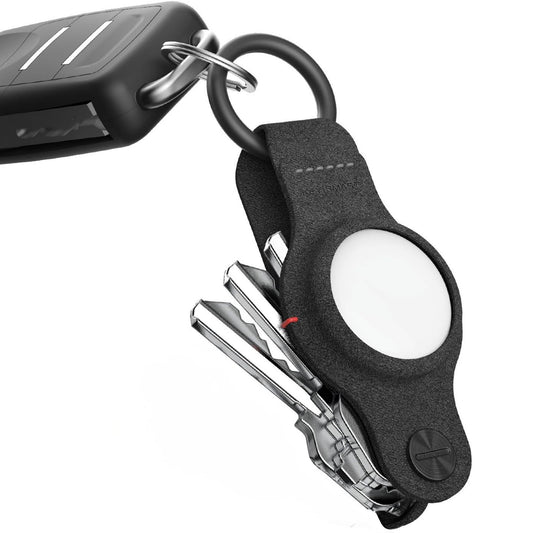 KeySmart AirTag Keychain Key Holder, Compatible with Apple AirTag Holder, Key Organizer Keychains, Case for Air Tag Key Chain, Key Ring - (Up to 5 Keys, Black Vegan Leather, Air Tags Not Included)