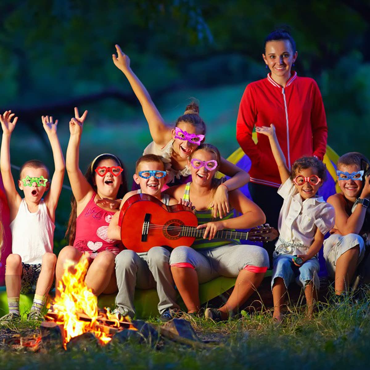 24 Packs LED Glasses for kids Glow in the dark Party Supplies Favor,6 LED 6 Shapes Glasses Flashing Plastic Light up Glass Toys Bulk 3 Replaceable Battery fit Halloween Christmas Thanksgiving