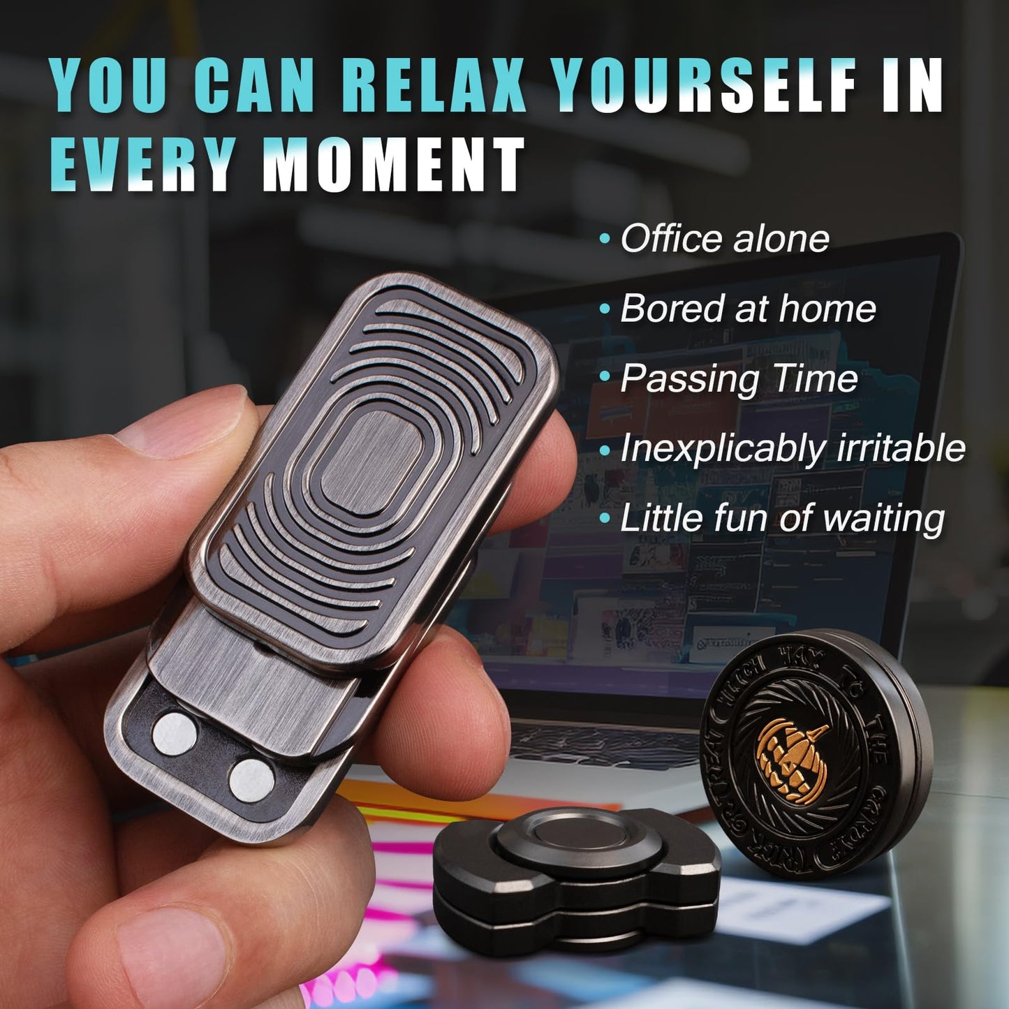 Fidget Toys Adults Set, Metal Fidget Slider, Spinner and Haptic Coin, Decompression Metal EDC Cool Figette Toys for Adults Anxiety Relieve Stress, Greater Focus, 3 Pack Black