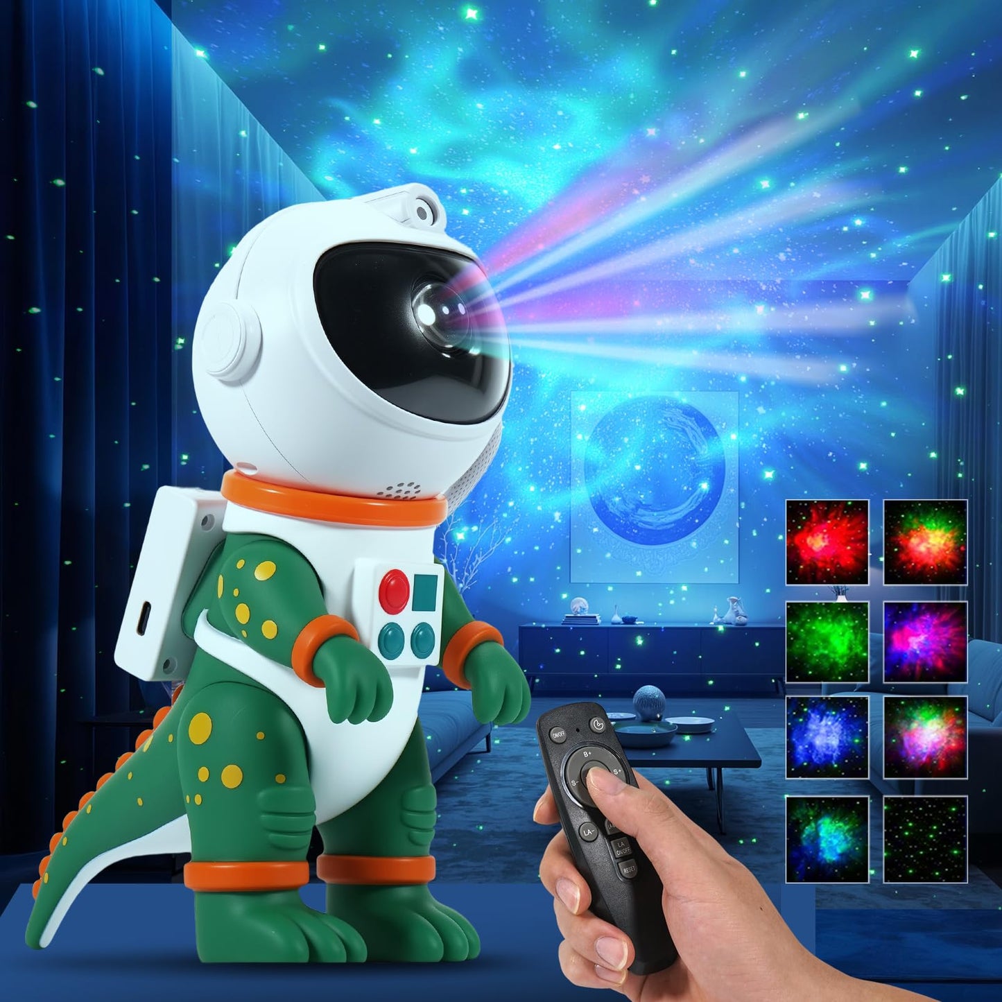 LOVME Galaxy Star Projection Night Light, Dinosaur Astronaut Space Projector with 8 Modes Starry Nebula Effects, Timer & Remote Control, Bedroom Ceiling Decor for Kids, Christmas Birthday Gift(Green)