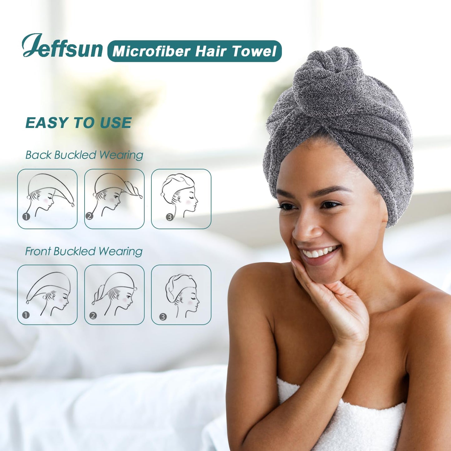 JEFFSUN Microfiber Hair Towel Wrap, Stocking Stuffers for Girls, 2 Pack Super Absorbent Quick Dry Wet Hair Turban for Drying Curly, Long, Thick, Frizzy Hair, Womens Hair Care Routine Must Have