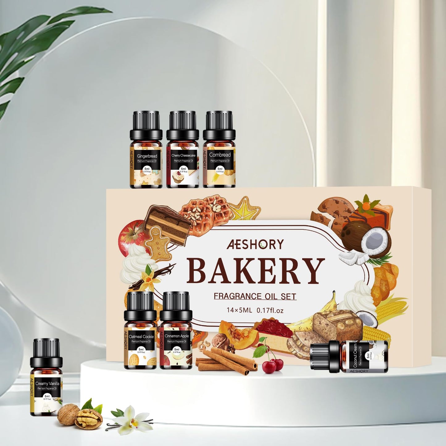 Bakery Essential Oils Set - Fragrance Oil for Diffusers, Candle Making - Pumpkin Pie, Coffee Cake, Oatmeal Cookie, Gingerbread, Cinnamon Apple Aromatherapy Scented Oils (5ml)
