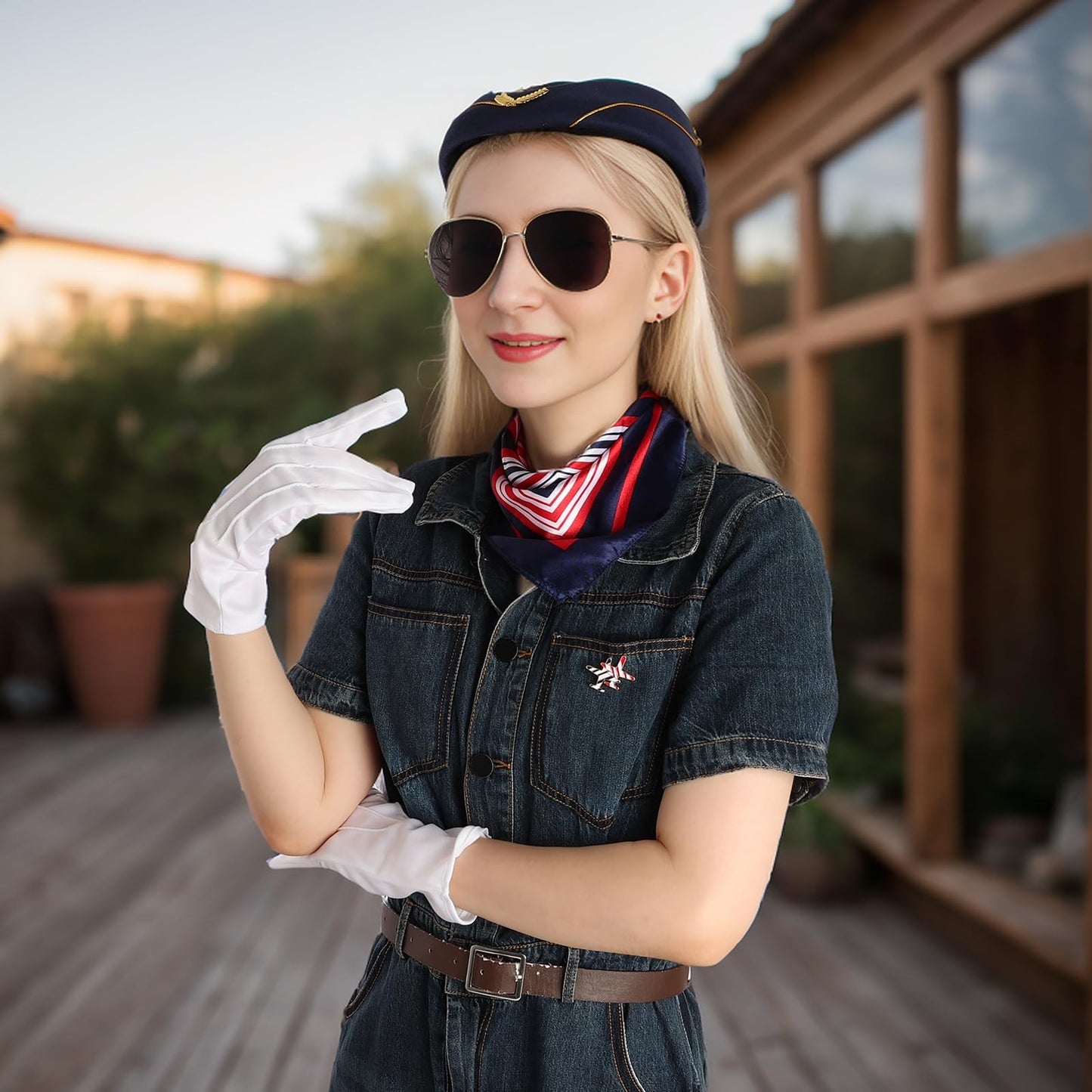 6 Pcs Flight Attendant Costume Accessories Women Airline Stewardess Outfits Flight Attendant Hat Pin Sunglasses Scarf Gloves