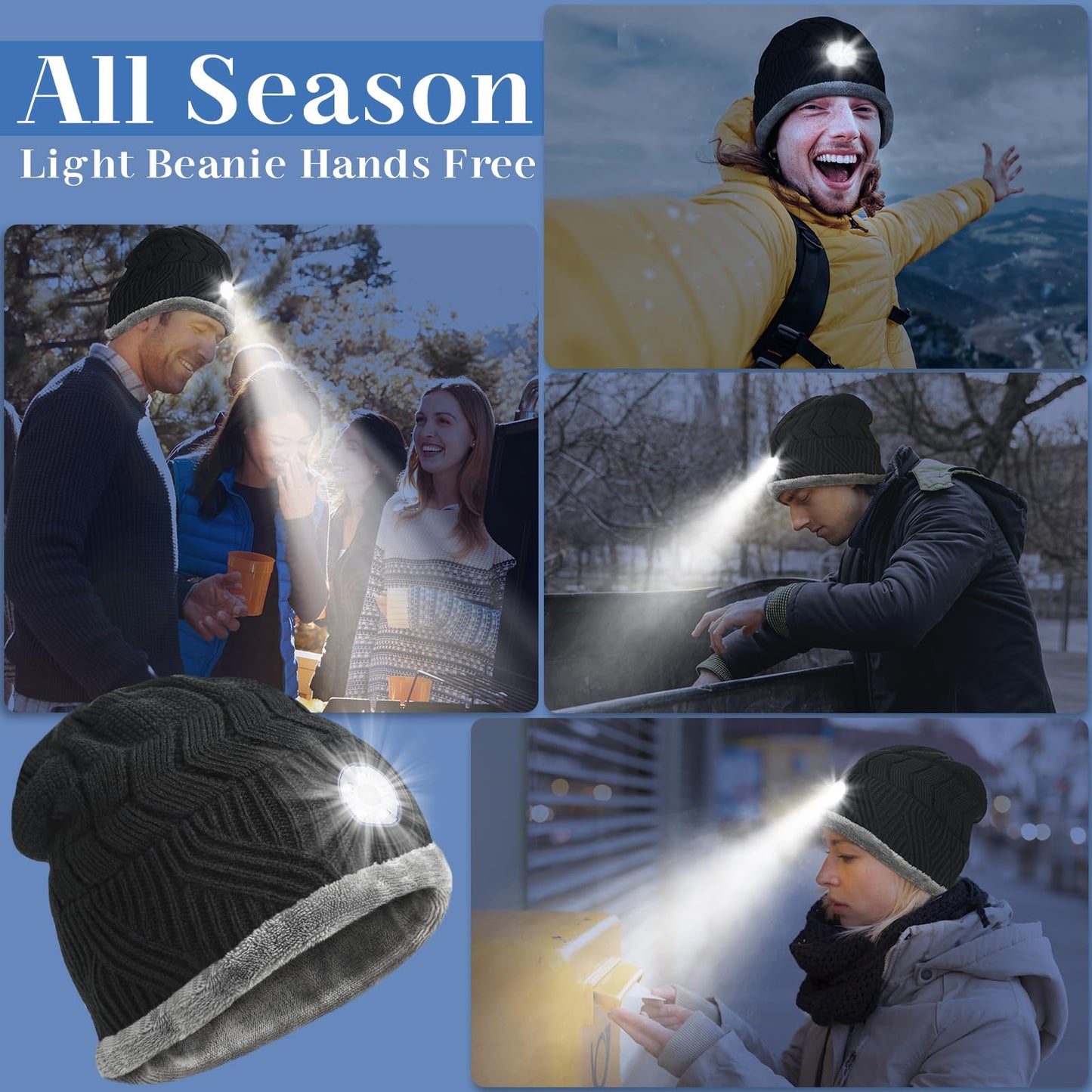 HIGHEVER LED Beanie Hat with Light: Christmas Stocking Stuffers for Men Adult Winter Gift Dark Black