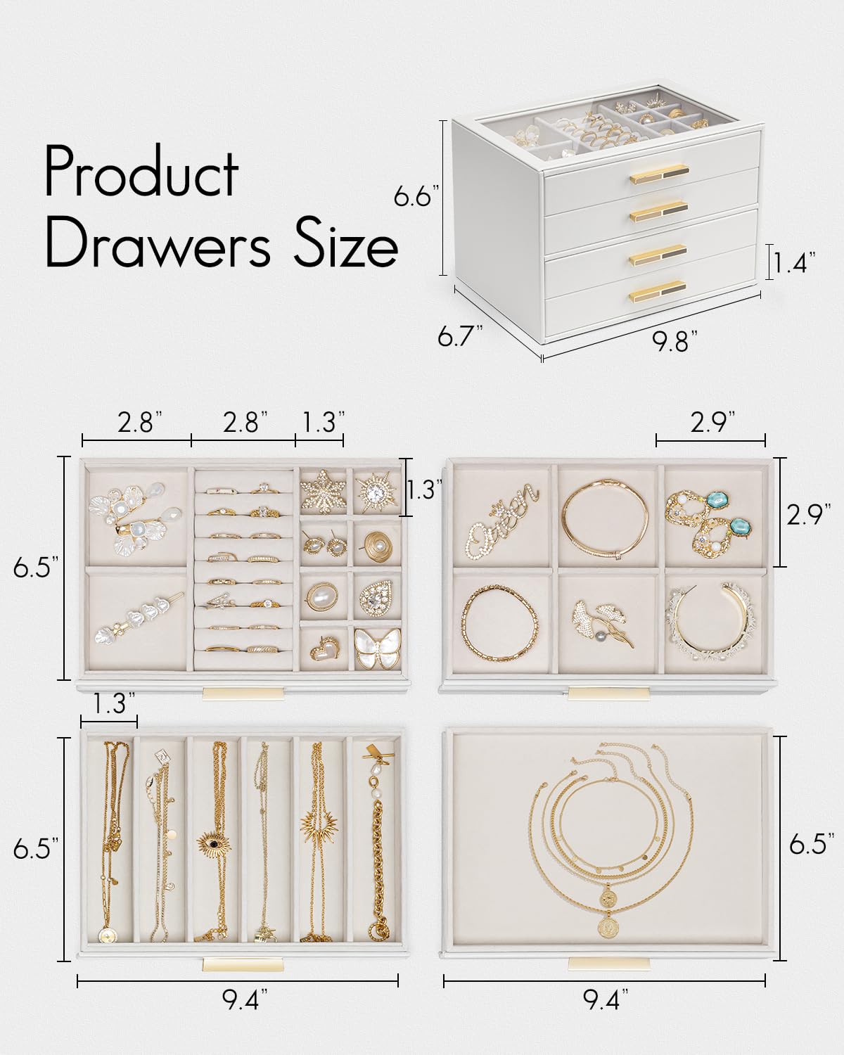 Vlando Jewelry Box for Women, Glass Lid Jewelry Organizer with 4 Drawers for Necklaces Rings Earrings Bracelets Christmas Gift - White