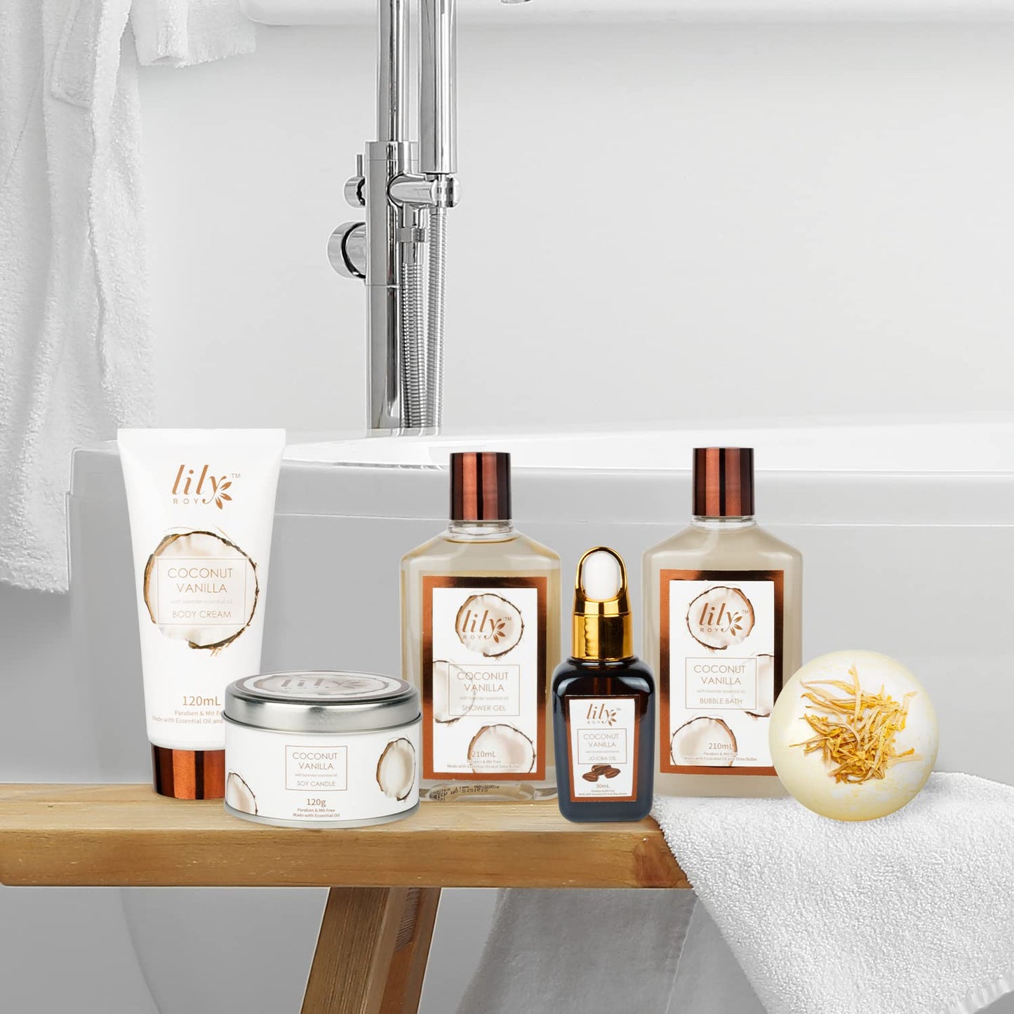 Bath and Body Gift Basket Set for Women - Coconut Vanilla Spa Gift Basket for Women 17-Piece Luxury Bath Gift Set with Shower Gel Self Care Pampering Gifts for Mothers Day, Christmas, Birthday Gifts