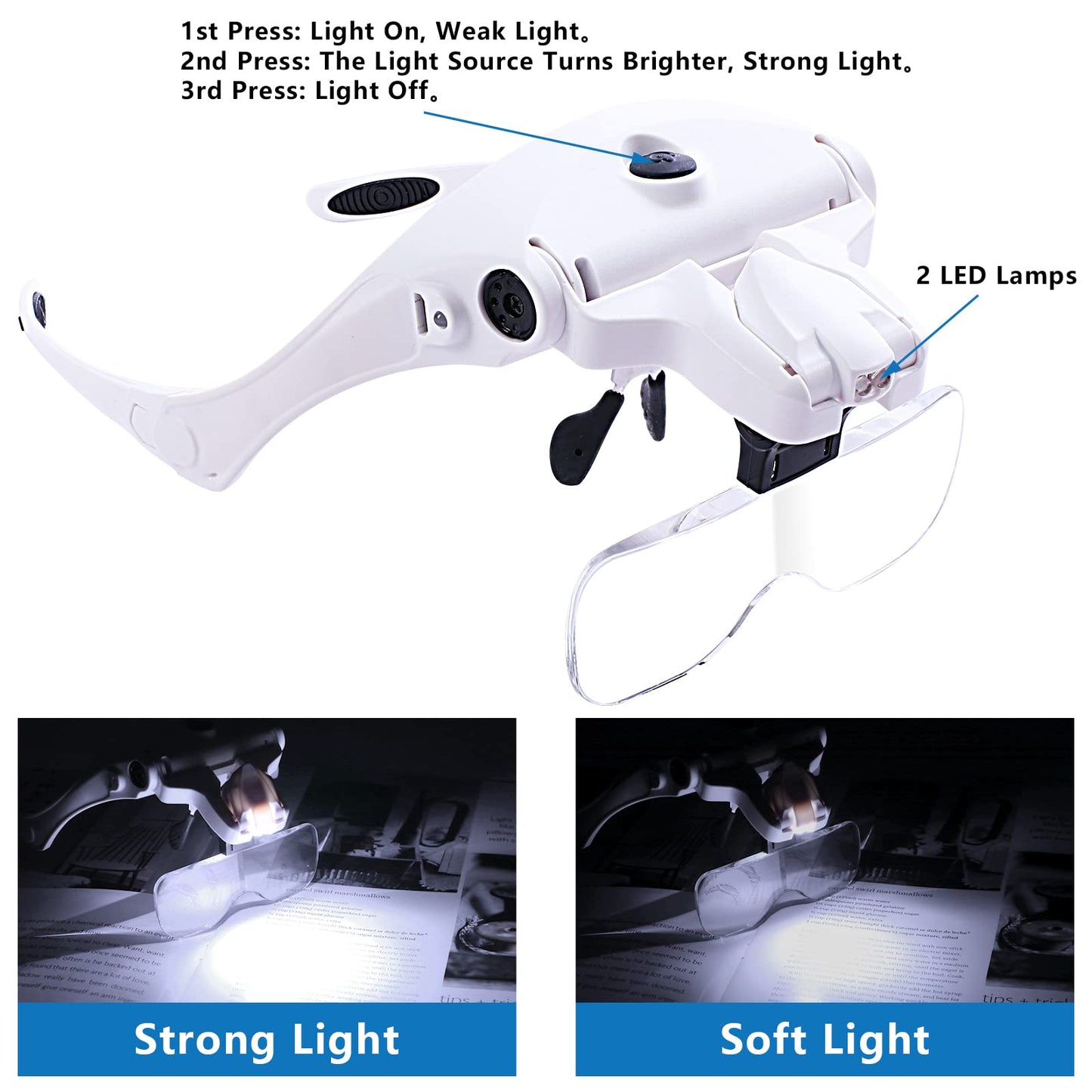 Hands Free Headband Magnifying Glass, USB Charging Head Magnifier with LED Light Jewelry Craft Watch Hobby 5 Lenses 1.0X 1.5X 2.0X 2.5X 3.5X (Upgraded Version)