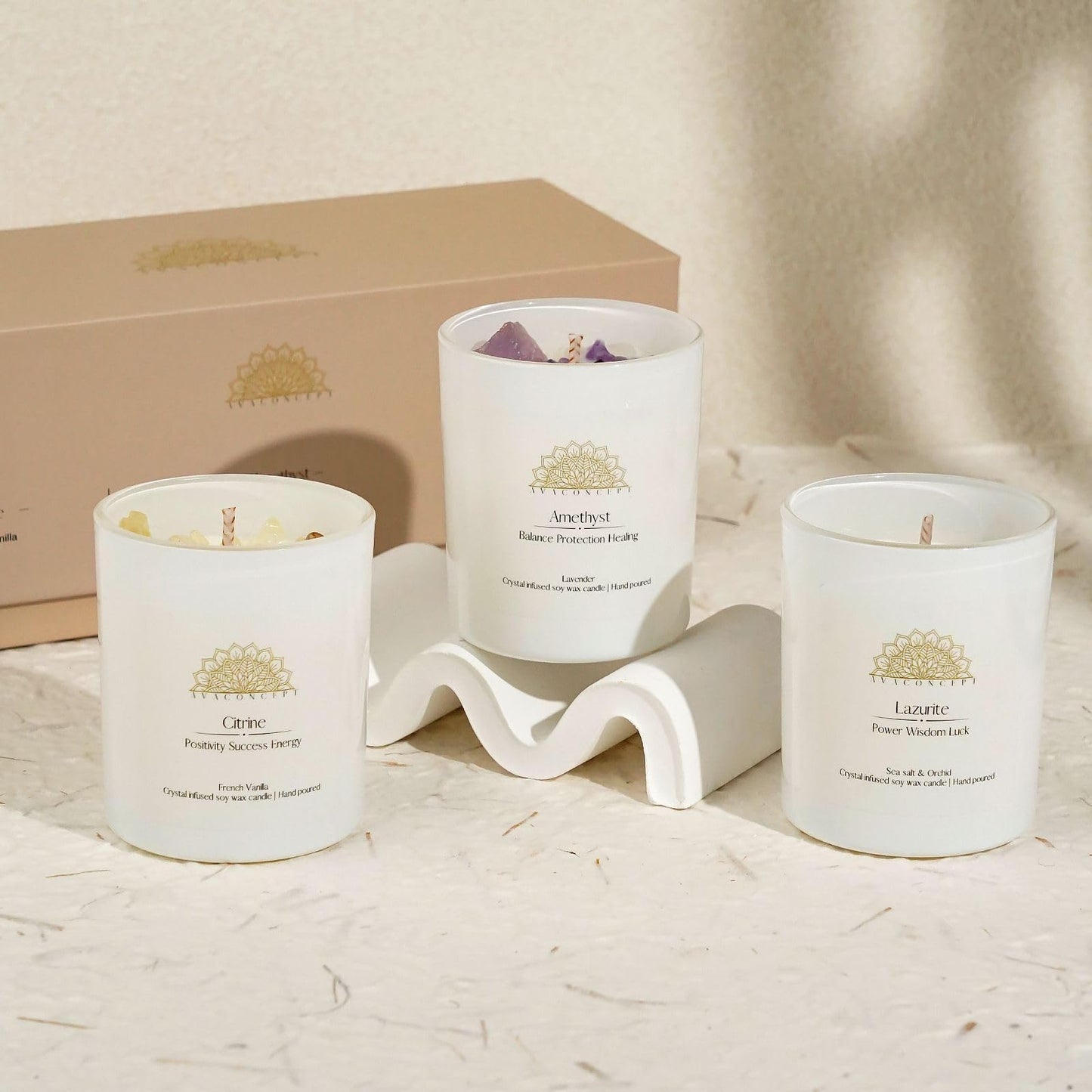 AVA CONCEPT Soy Candles with Healing Crystals. Amethyst, Lazurite, Citrine Crystal. Lavender, Sea Salt & Orchid, French Vanilla. Positivity Energy Gift for Women, 3PC Scented Candle Set 3.5 oz Each