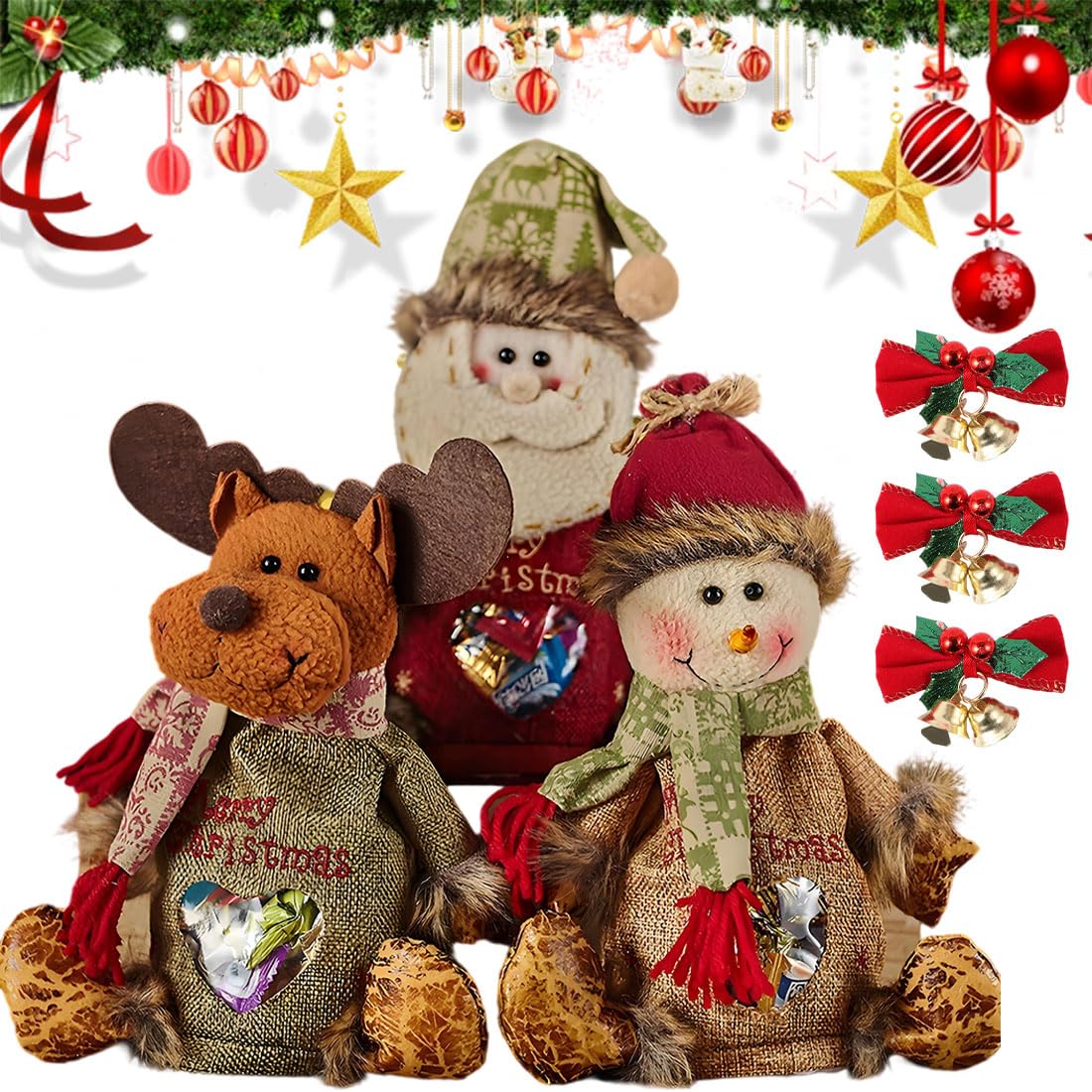 2026 New Christmas Gift Bags Zipper Design, Flax Fabric Christmas Apple Bags Zipper Reusable Santa Snowman Doll Storage Gift Bag for Chritmas Party Decor and Festival (G-3PC)