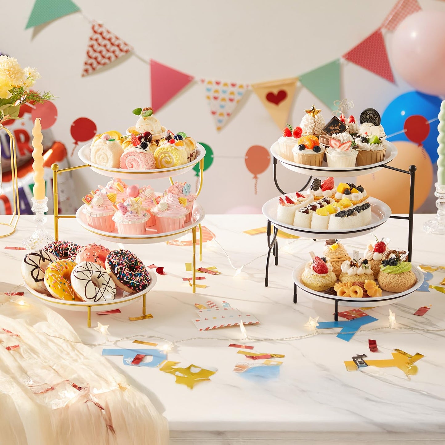 Lifewit Plastic 3 Tier Serving Tray Platter for Party Entertaining, 10" × 10" Large Dessert Table Display Set, White Reusable Round Dishes with Black Metal Display Stand for Veggie, Fruit, Cookies