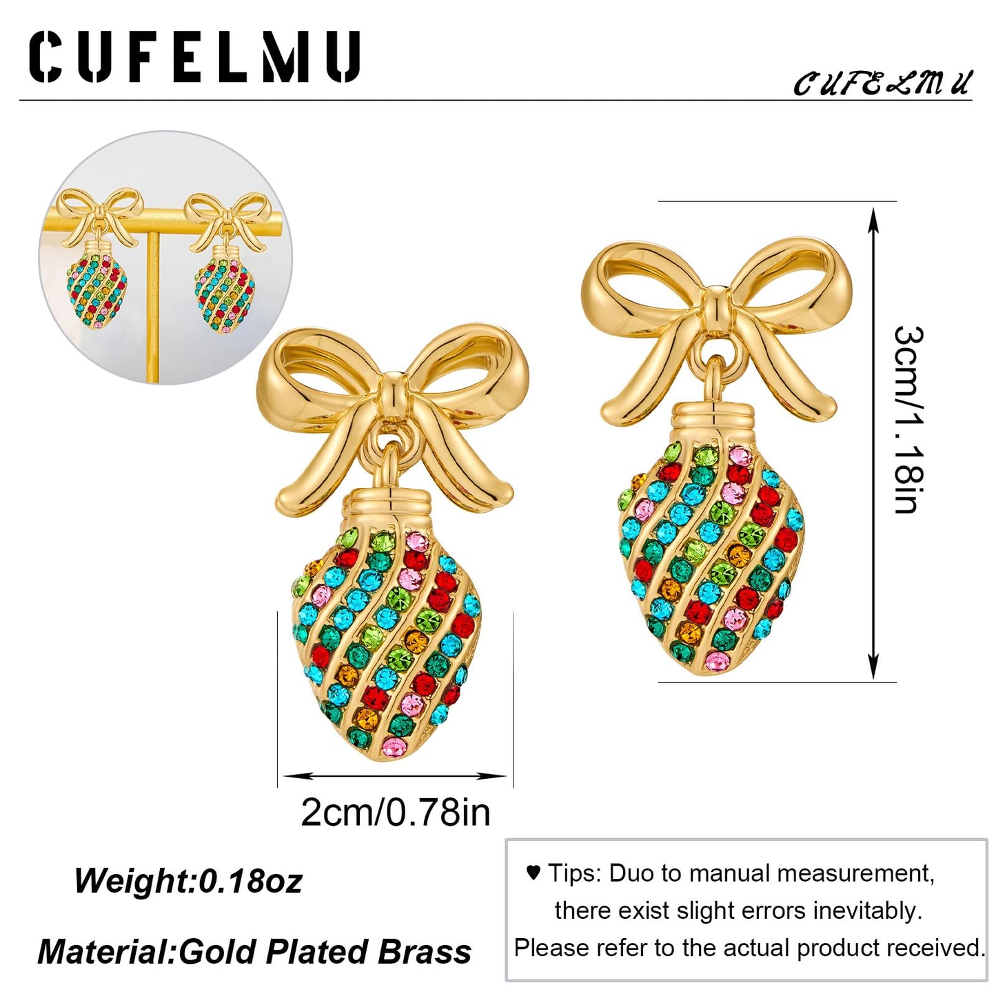 CUFELMU Christmas Earrings for Women Colorful Rhinestones Bow Light Bulb Earrings