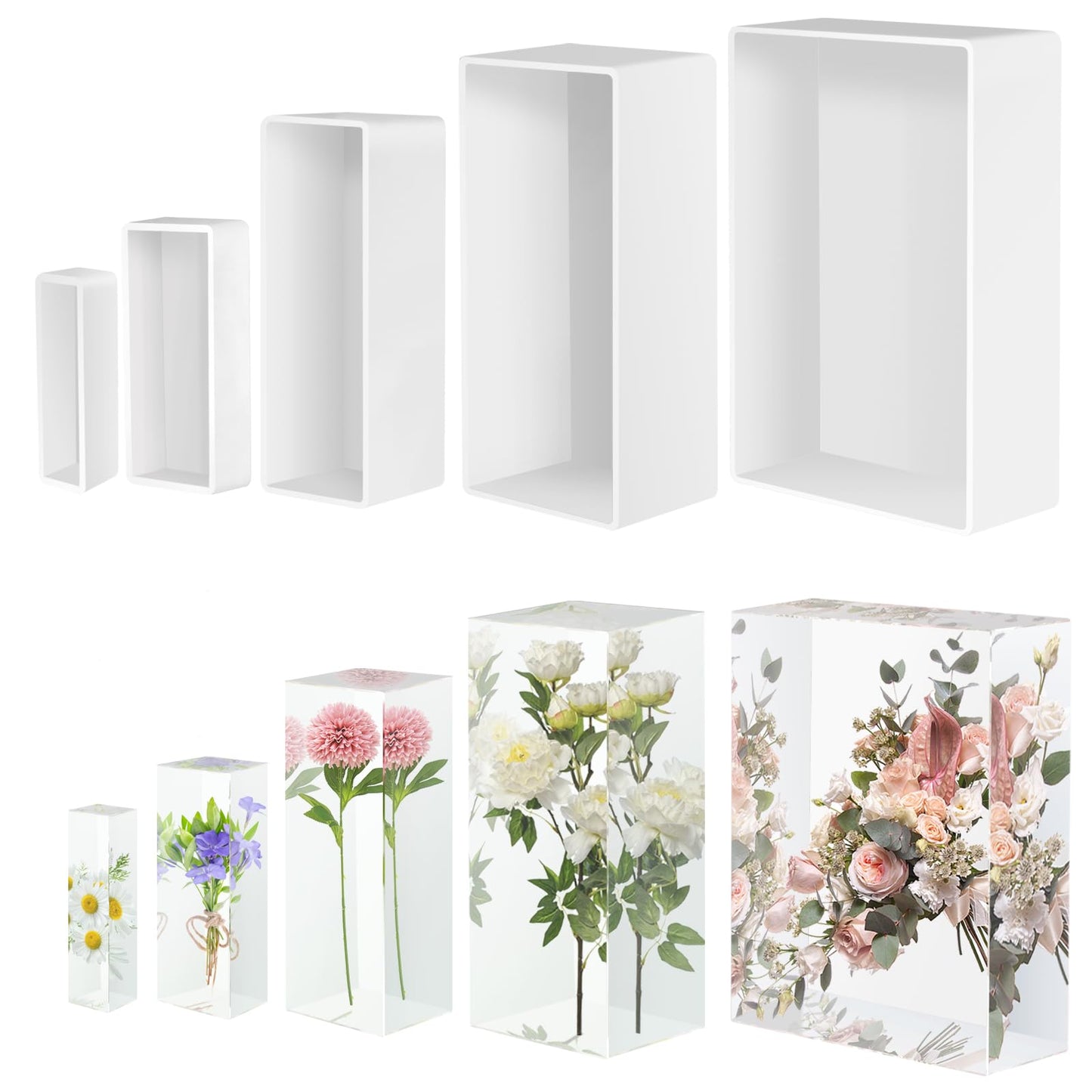 Large Resin Molds, Rectangle Silicone Molds for Epoxy Resin, 5 PCS Cuboid Resin Moulds with Wooden Support, Deep Casting Molds for Preserving Flowers, Insect Specimens, DIY Gifts, Furniture Decoration