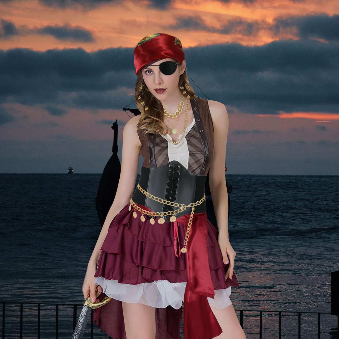 Vermeyen 8 Pcs Pirate Costume Accessories for Women with Head Scarf Wrap Pirate Corset Eye Patch Necklace Sash Chain Belt