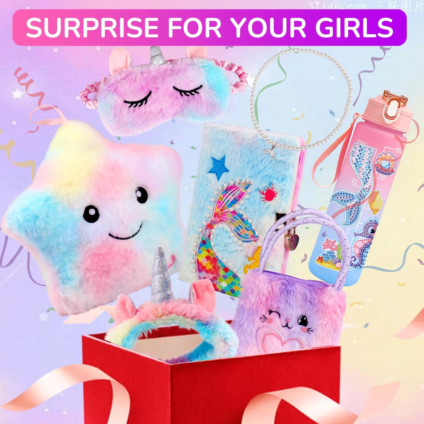 Gifts for Girls Age 4-6-8, Kids Mermaid & Unicorn Toy Set with Light Up Star Pillow, Diary, Headband, Sleep Mask, Surprise Girl Toys for 4 5 6 7 8 9 10 Year Old Girls Christmas Birthday Gifts Ideas