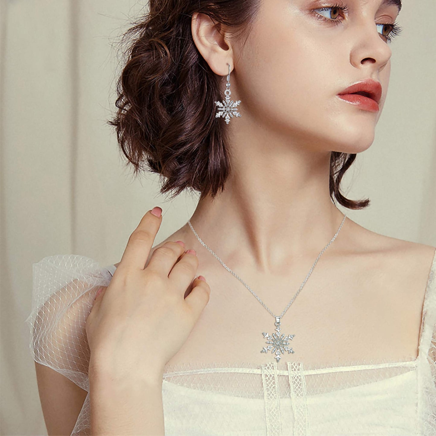 BriLove Women's Crystal Winter Daily Party Elegant Snowflake Pendant Necklace Hook Dangle Earrings Set for Gift Clear Silver-Tone