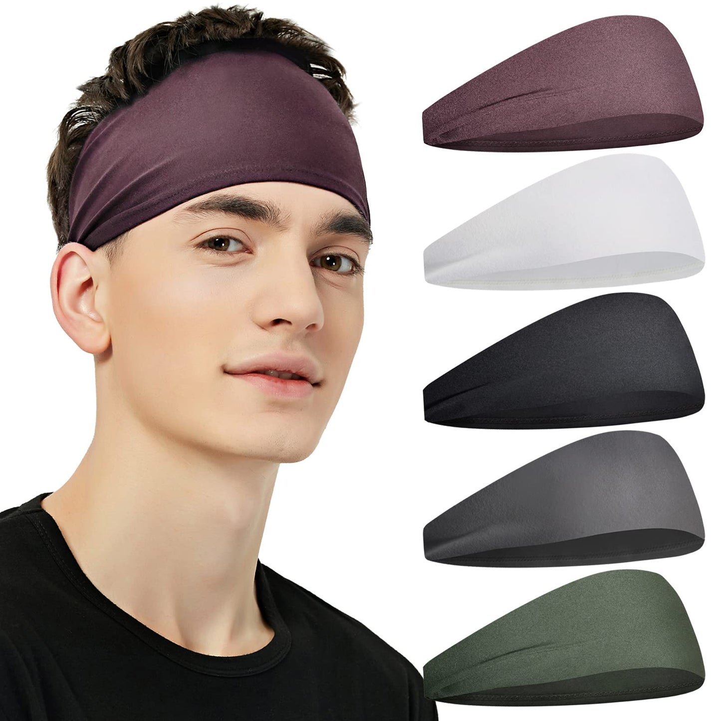 Pilamor Sports Headbands for Men (5 Pack),Moisture Wicking Workout Headband, Sweatband Headbands for Running,Cycling,Football,Yoga,Hairband for Women and Men (White, Brown, Dark Gray, Black, Green)