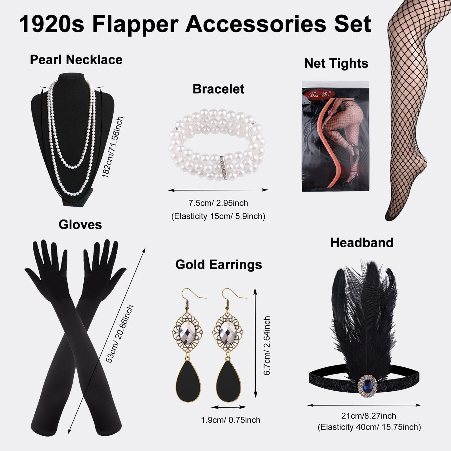 ELECLAND 10 Pieces 1920s Flapper Accessories Set Fashion Roaring 20's Theme Set with Headband Headpiece Long Black Gloves Necklace Earrings for Women (Black Gold)